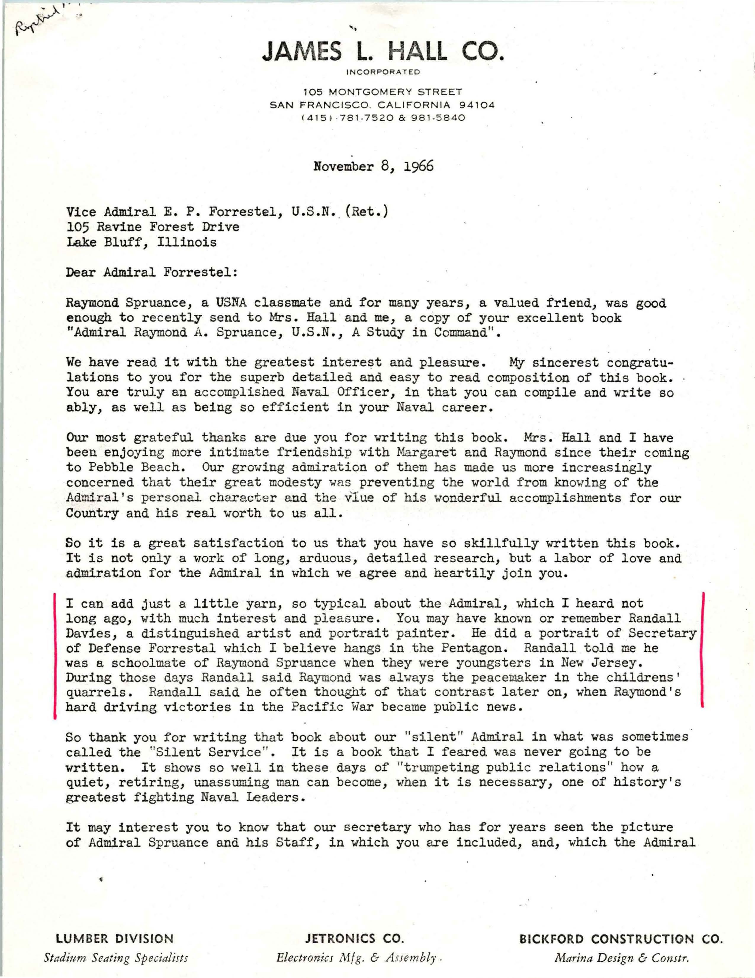 Letter from James L. Hall to VADM E. P. Forrestal
