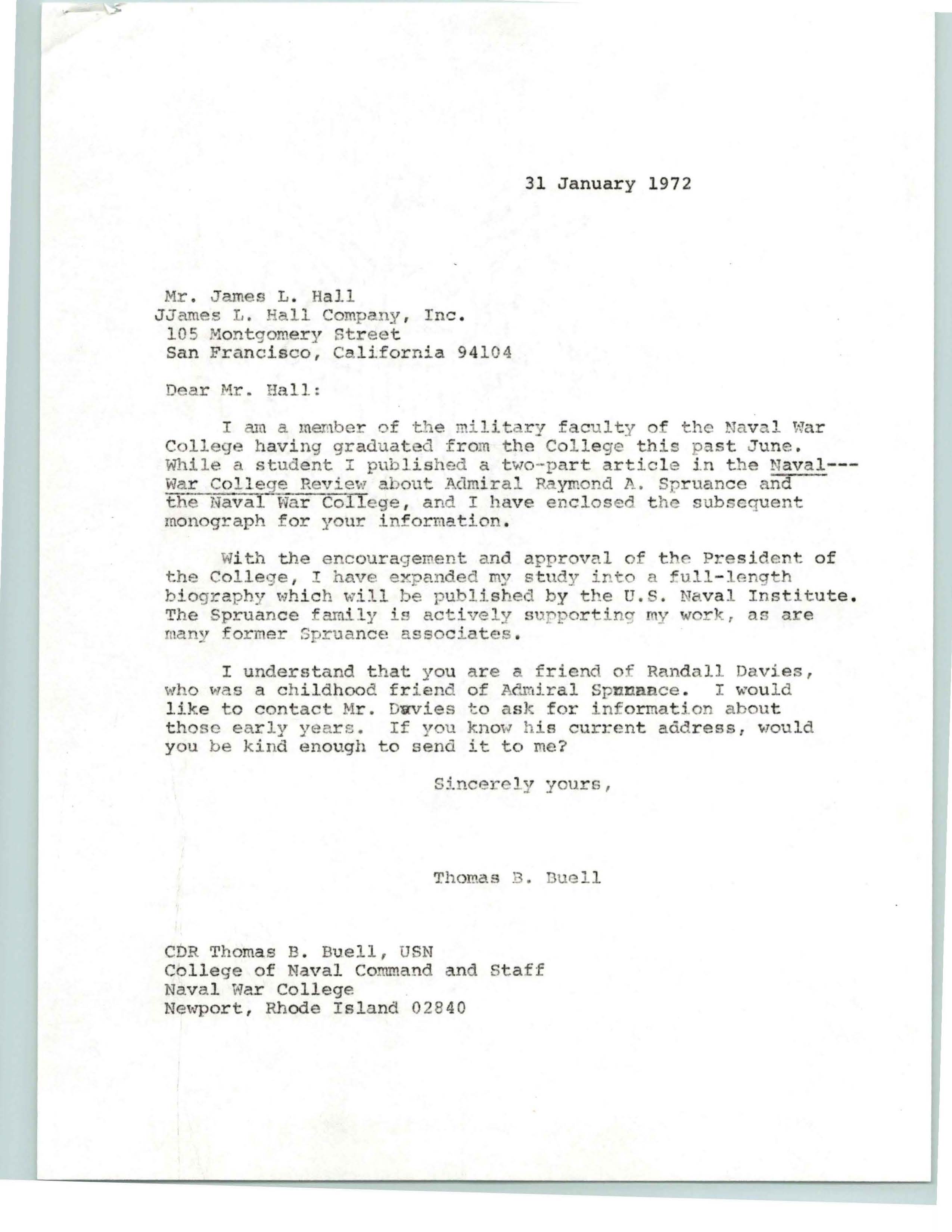 Correspondence between CDR Buell and James L. Hall