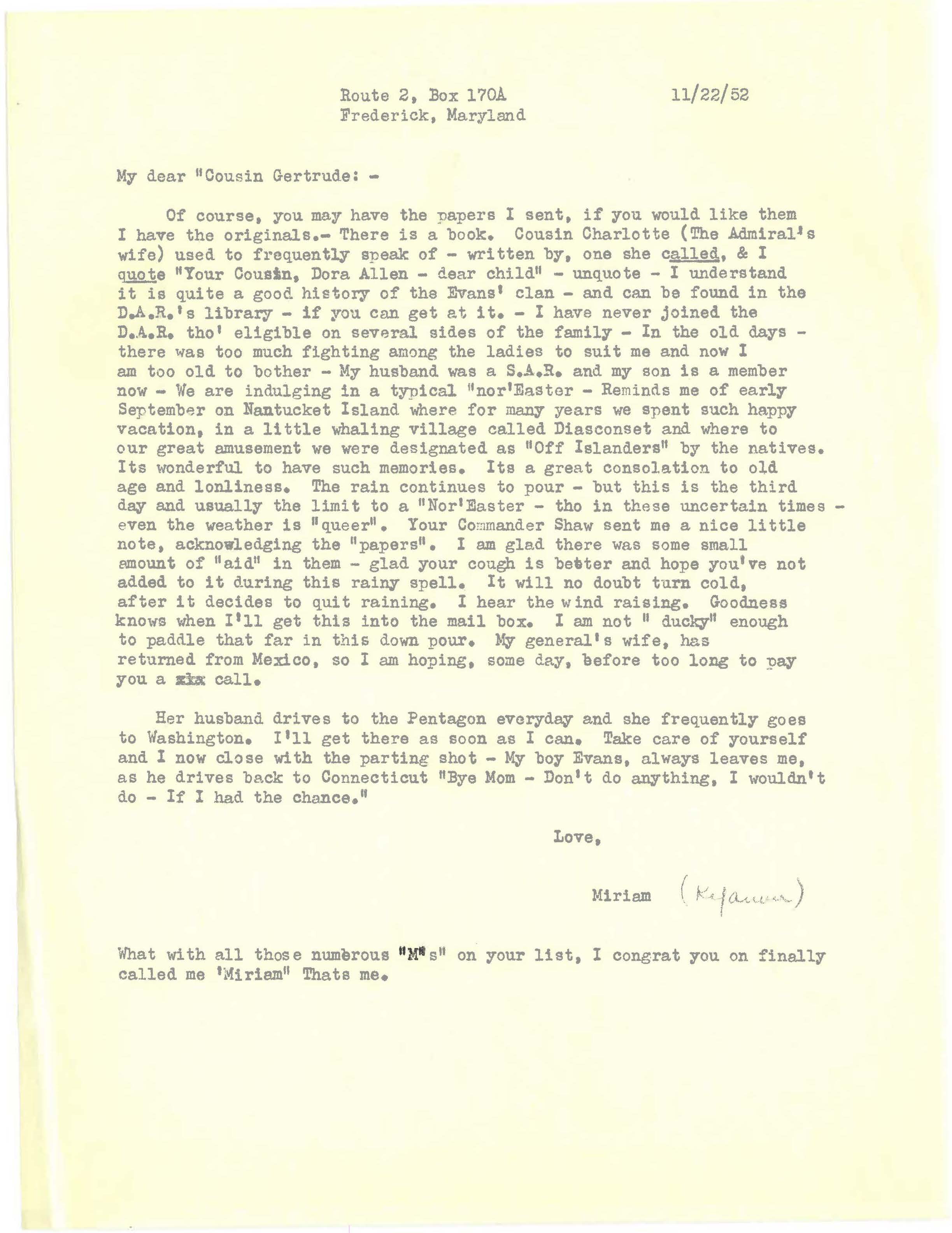 Miriam Evans Kefauver letter to Gertrude Evans