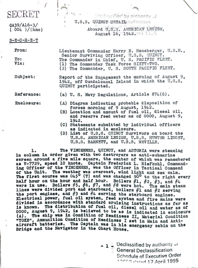 Report of Engagement the morning of August 9, 1942 off Guadalcanal Island in which the U.S.S. Quincy participated