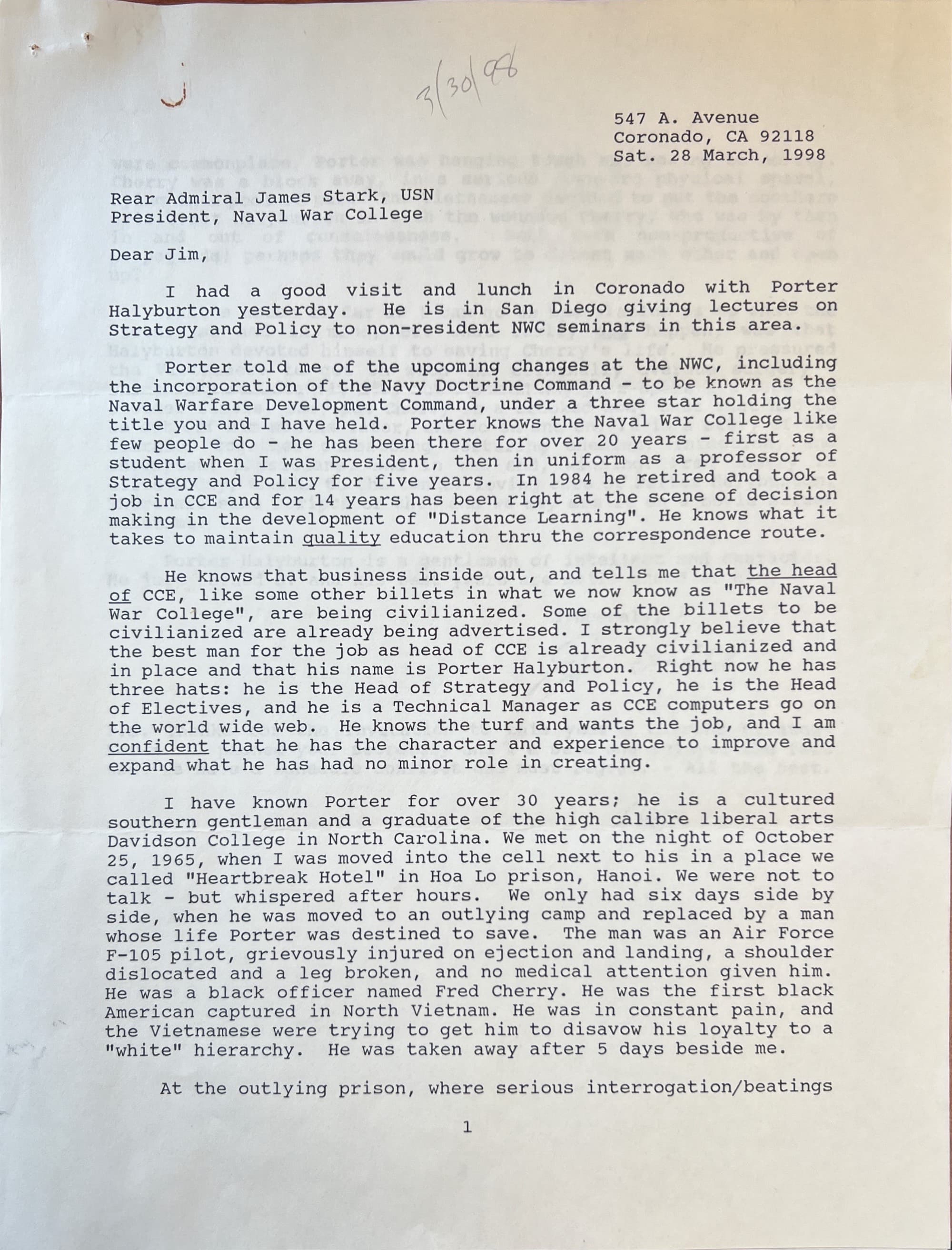 Porter Halyburton reccomendation letter from James Stockdale to PNWC Stark 