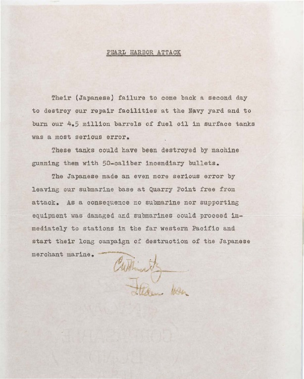 Chester W. Nimitz typescript on Pearl Harbor