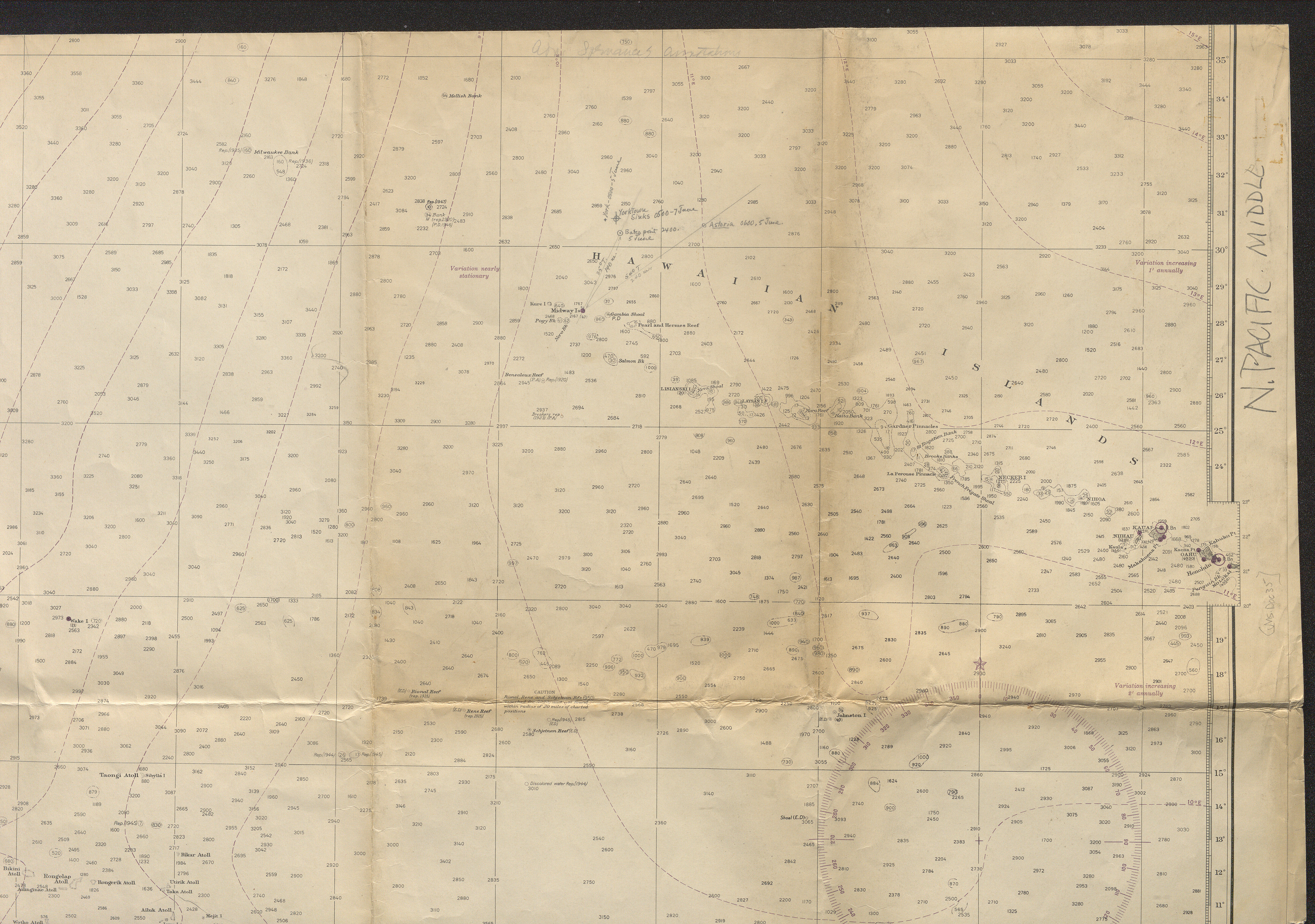 Detail: Samuel E. Morison annotated nautical chart 