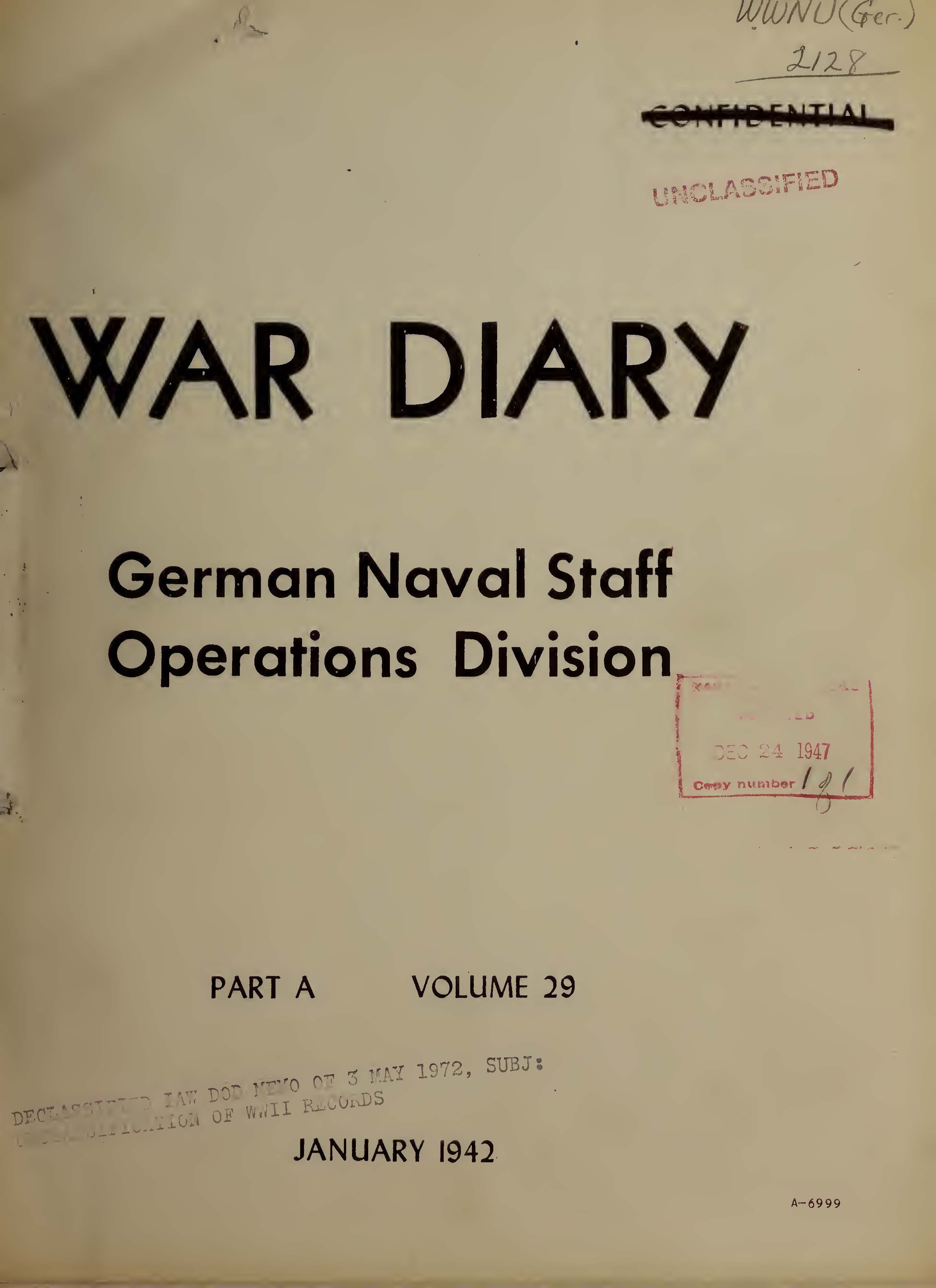 War Diary of German Naval Staff (Operations Division) Part A, Volume 29, January 1942