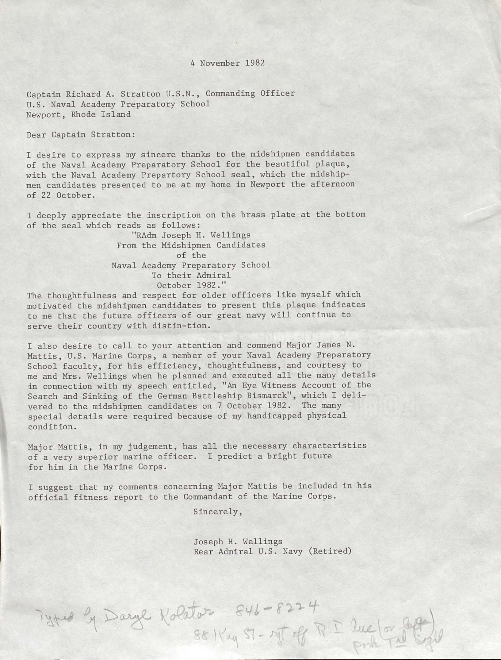 Letter to Captain Richard A. Stratton from RADM Joseph H. Wellings
