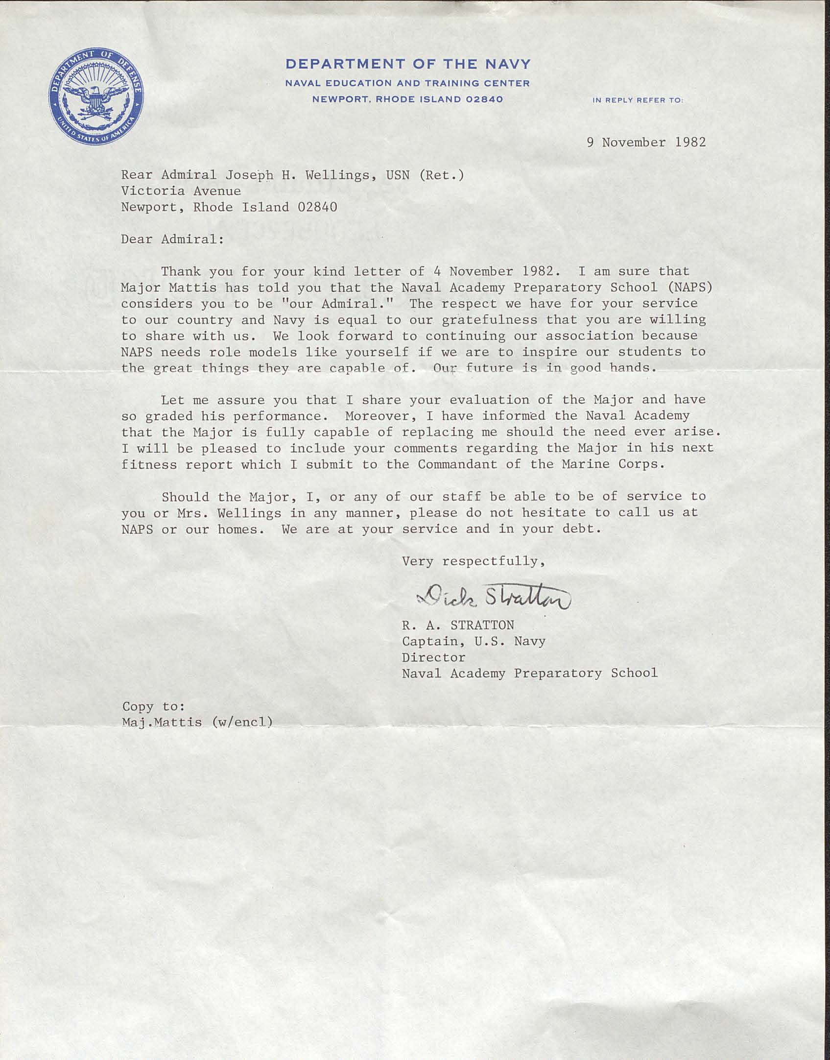 Letter from Captain Richard A. Stratton to RADM Joseph H. Wellings