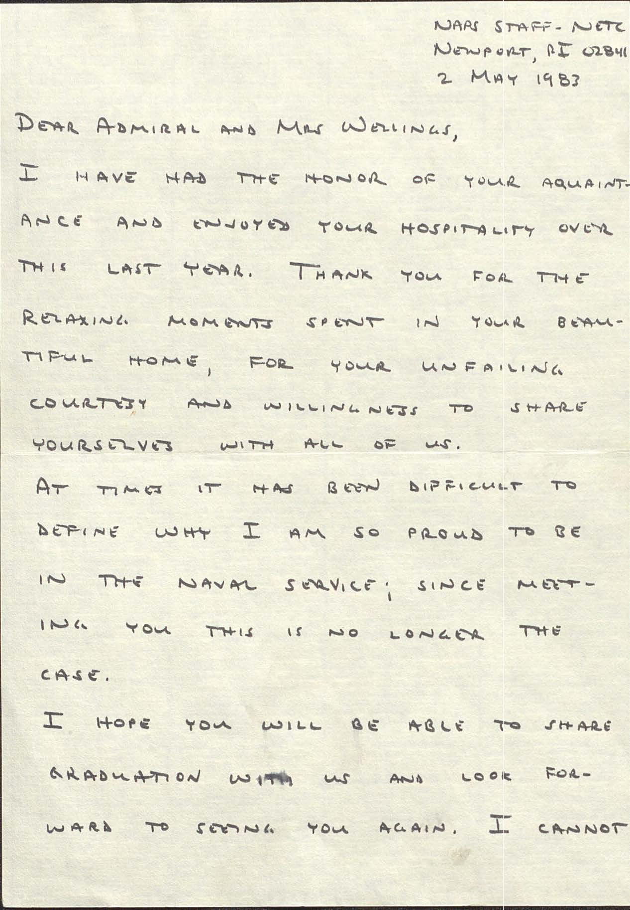 Letter from Major Jim Mattis, USMC to RADM and Mrs. Joseph H. Wellings