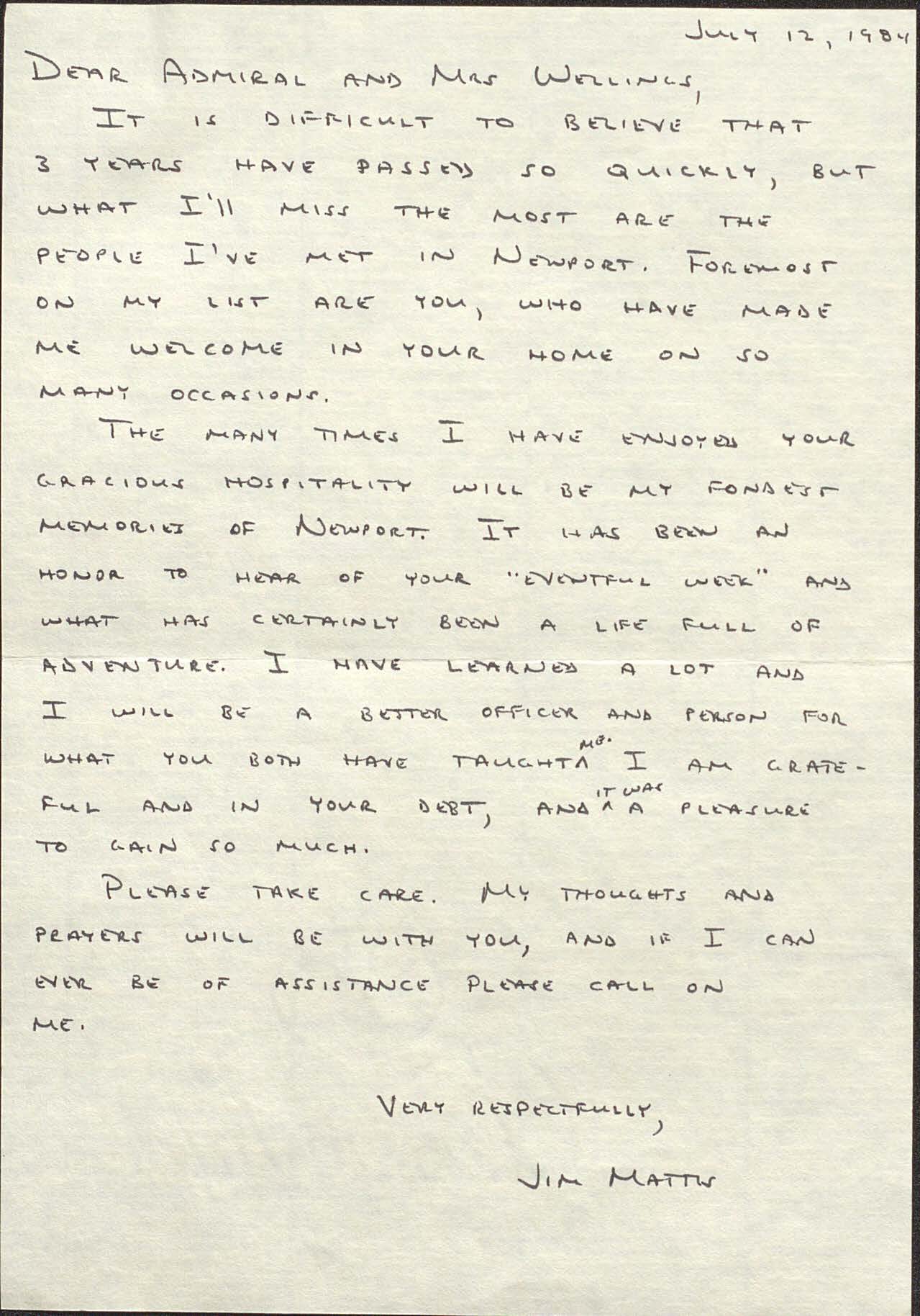Letter from Major Jim Mattis, USMC to RADM and Mrs. Joseph H. Wellings
