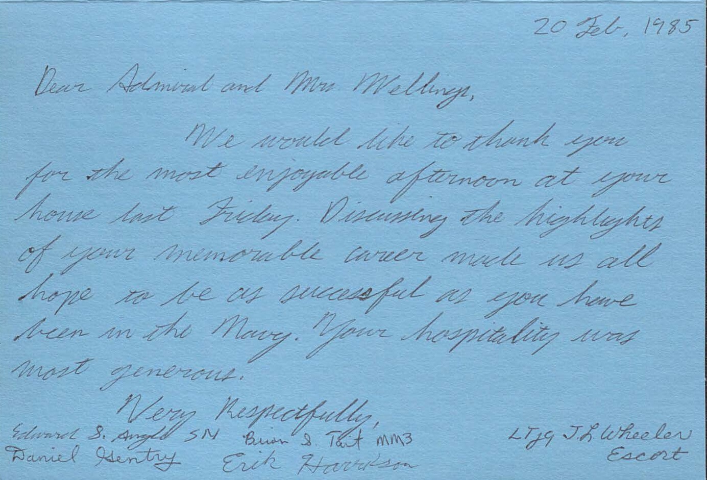 Letter from members of the NAPS battalion to RADM and Mrs. Joseph H. Wellings
