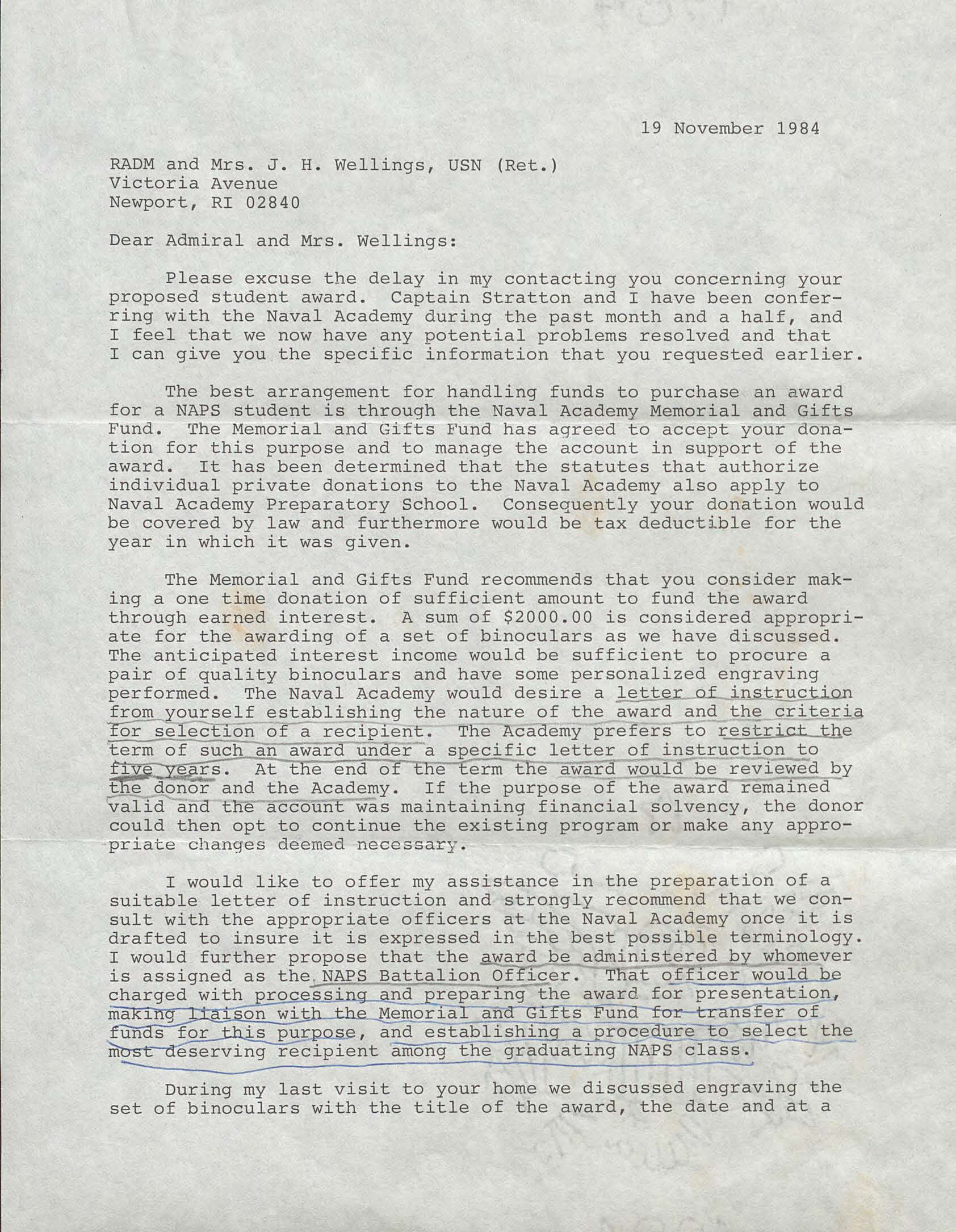 Letter from Major Dick Kokko, USMC to RADM and Mrs. Joseph H. Wellings