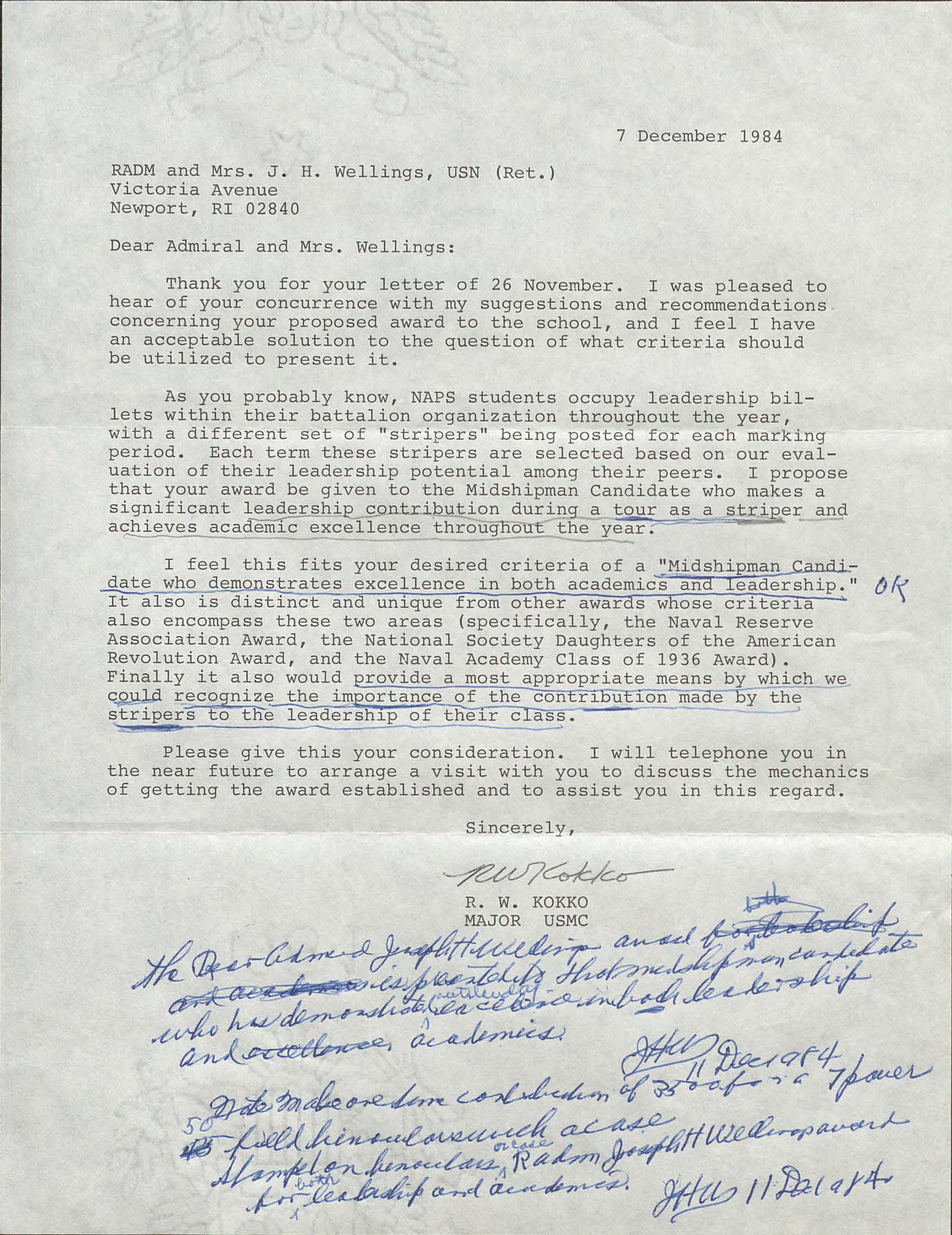 Letter from Major Richard W. Kokko, USMC to RADM and Mrs. Joseph H. Wellings