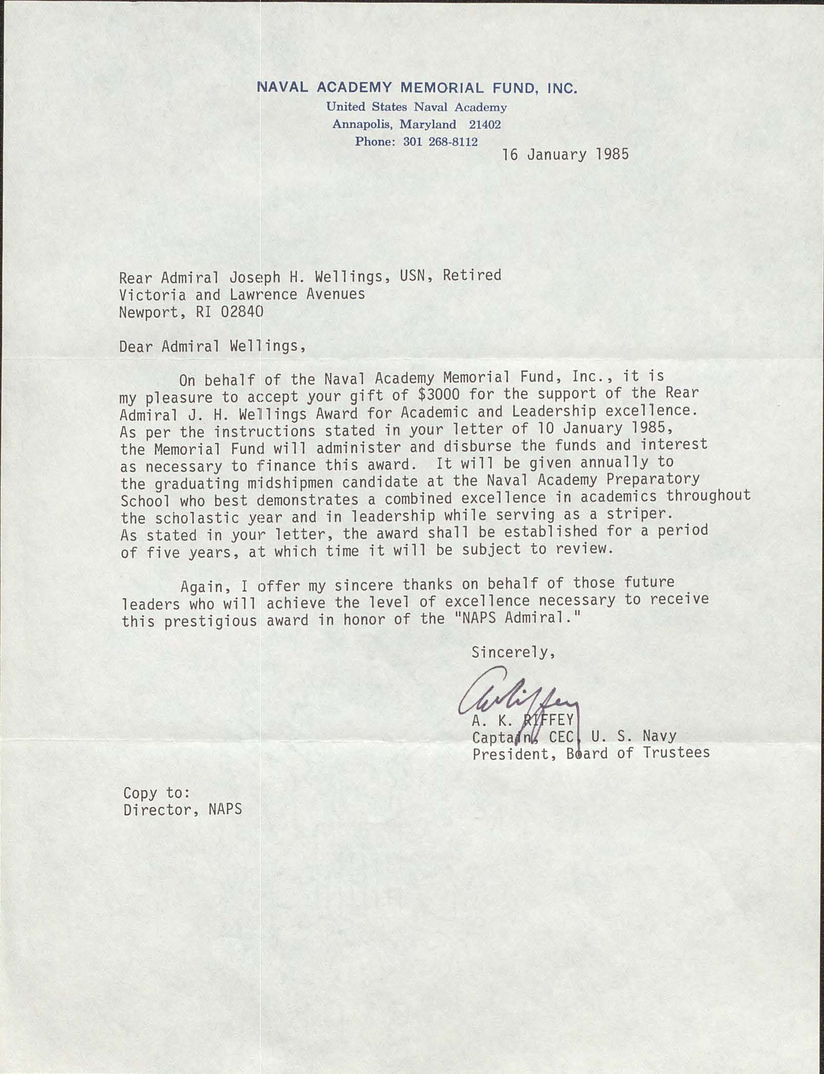 Letter from Captain A. K. Riffey to RADM Joseph H. Wellings