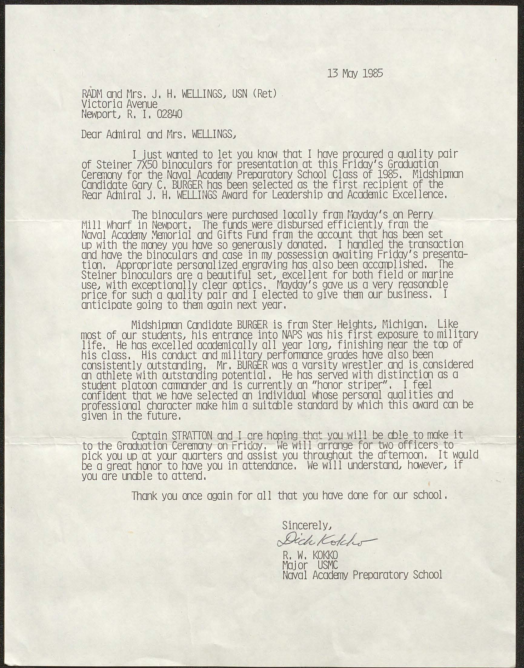 Letter from Major Richard W. Kokko, USMC to RADM and Mrs. Joseph H. Wellings