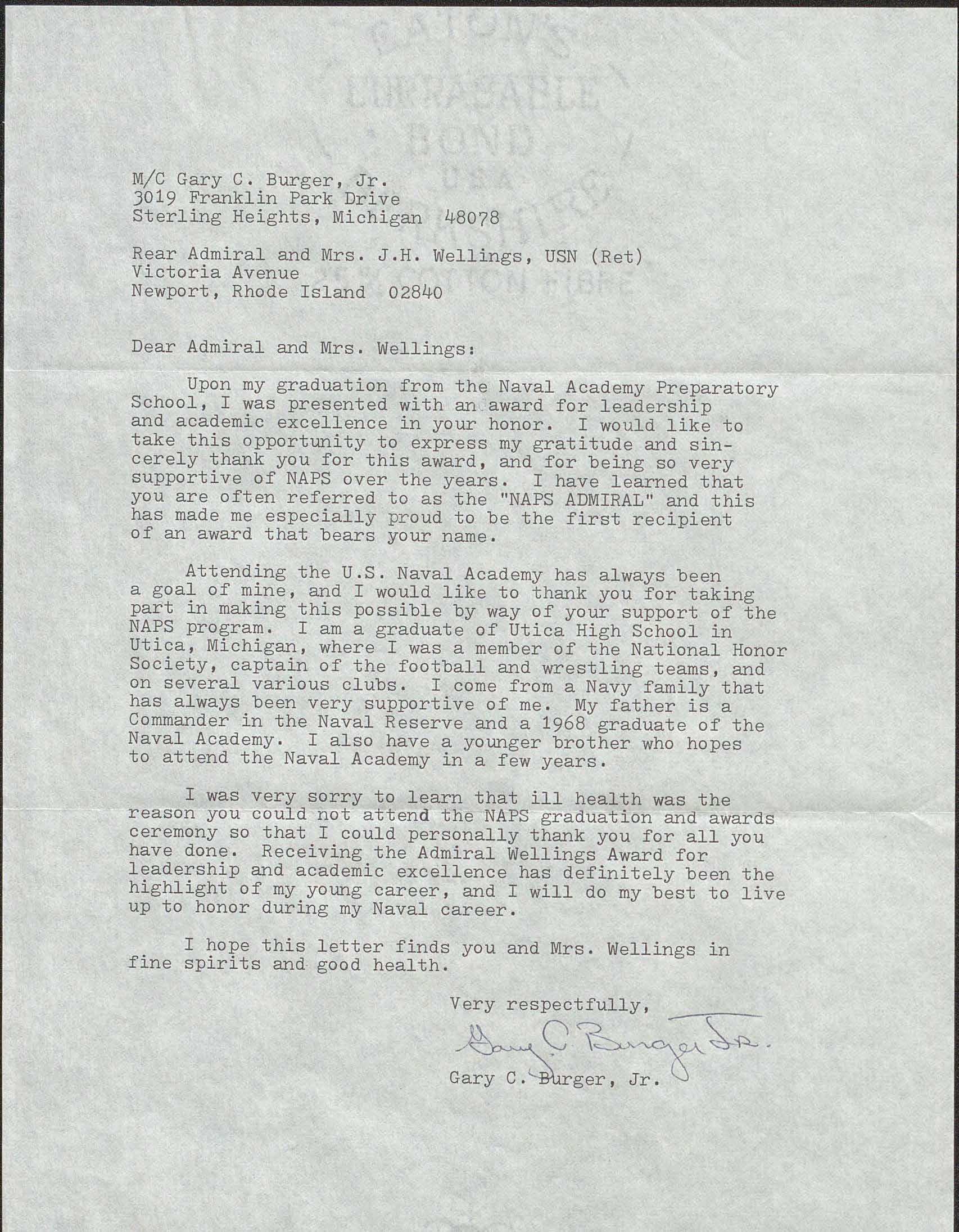 Letter from Gary C. Burger, Jr. to RADM and Mrs. Joseph J. Wellings