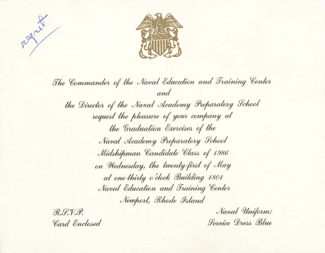 Invitations to Graduation and Awards Ceremony for the Naval Academy Preparatory School Midshipman Candidate Class of 1986