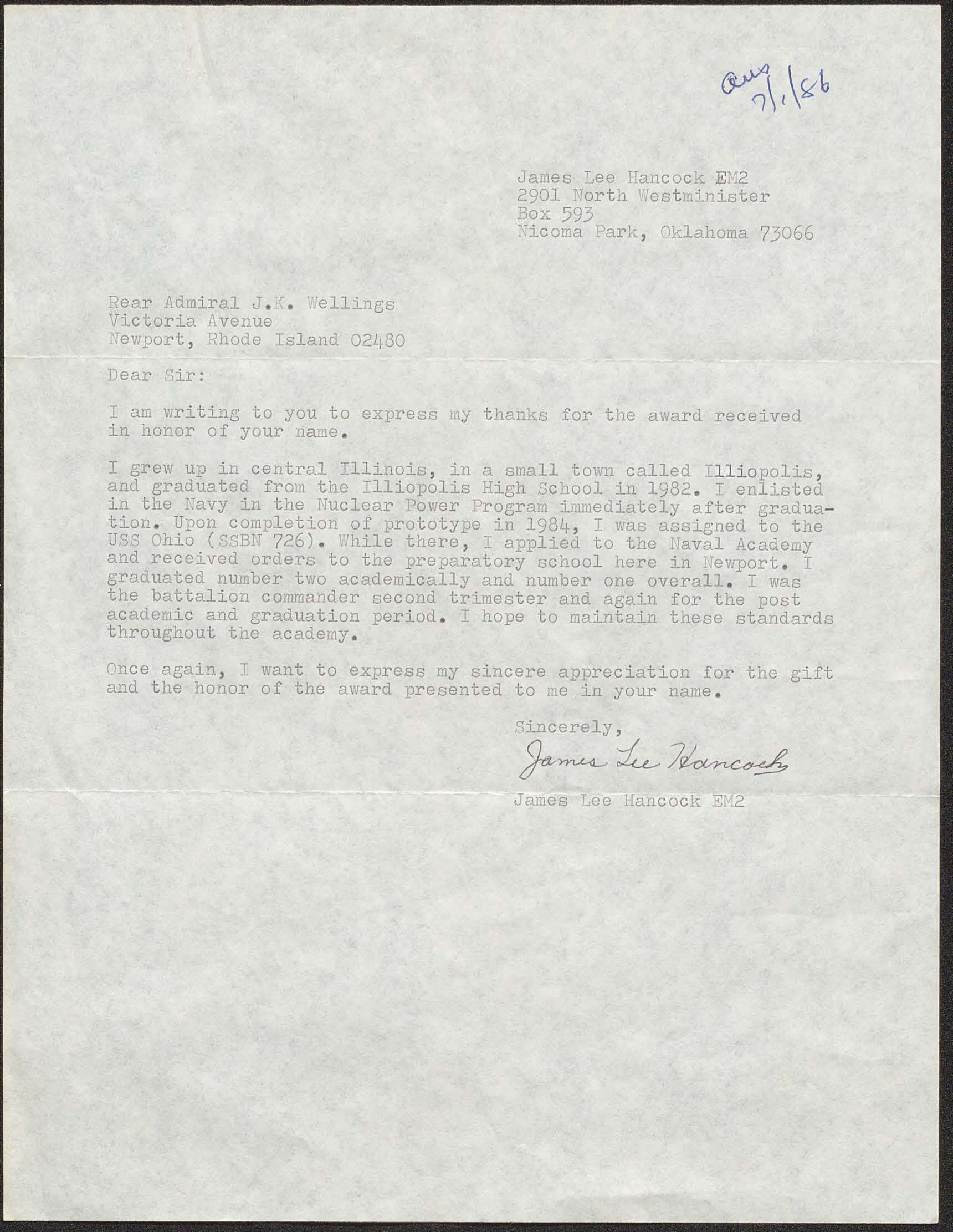 Letter from James Lee Hancock to RADM Joseph H. Wellings