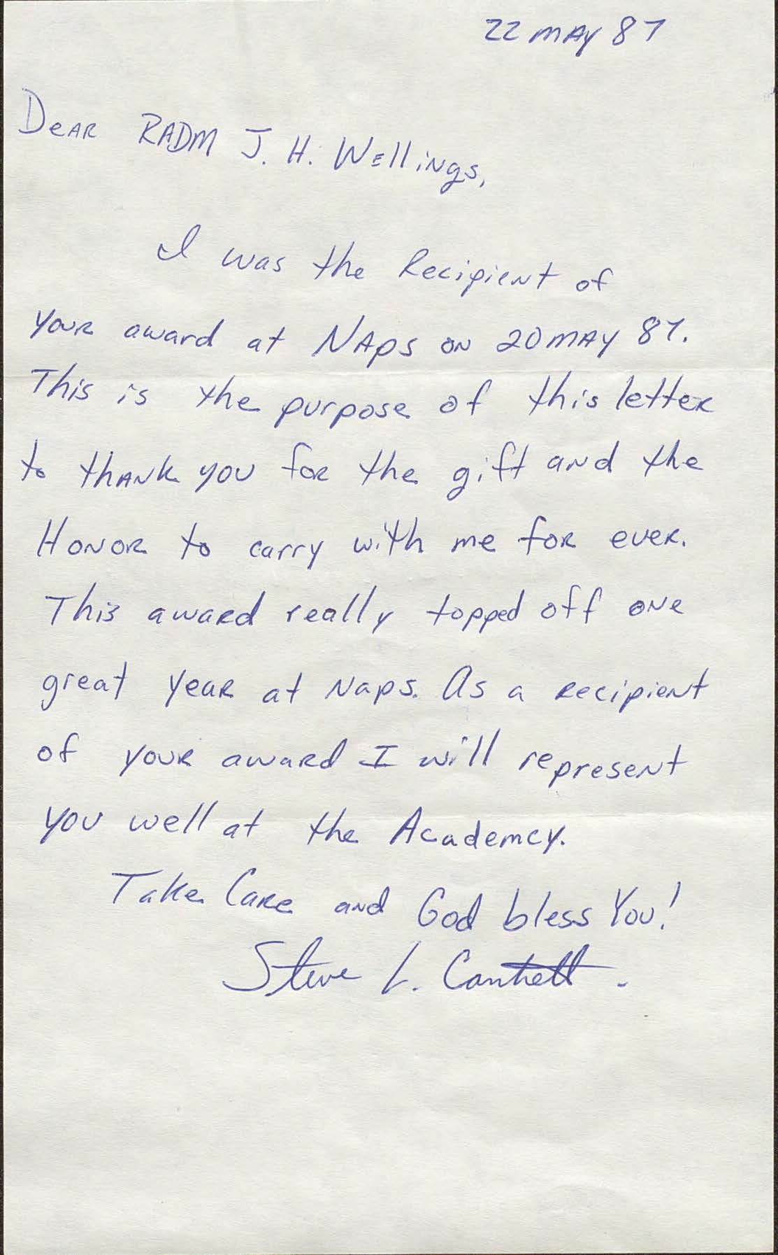 Letter from Corporal Steve L. Cantrell to RADM Joseph H. Wellings