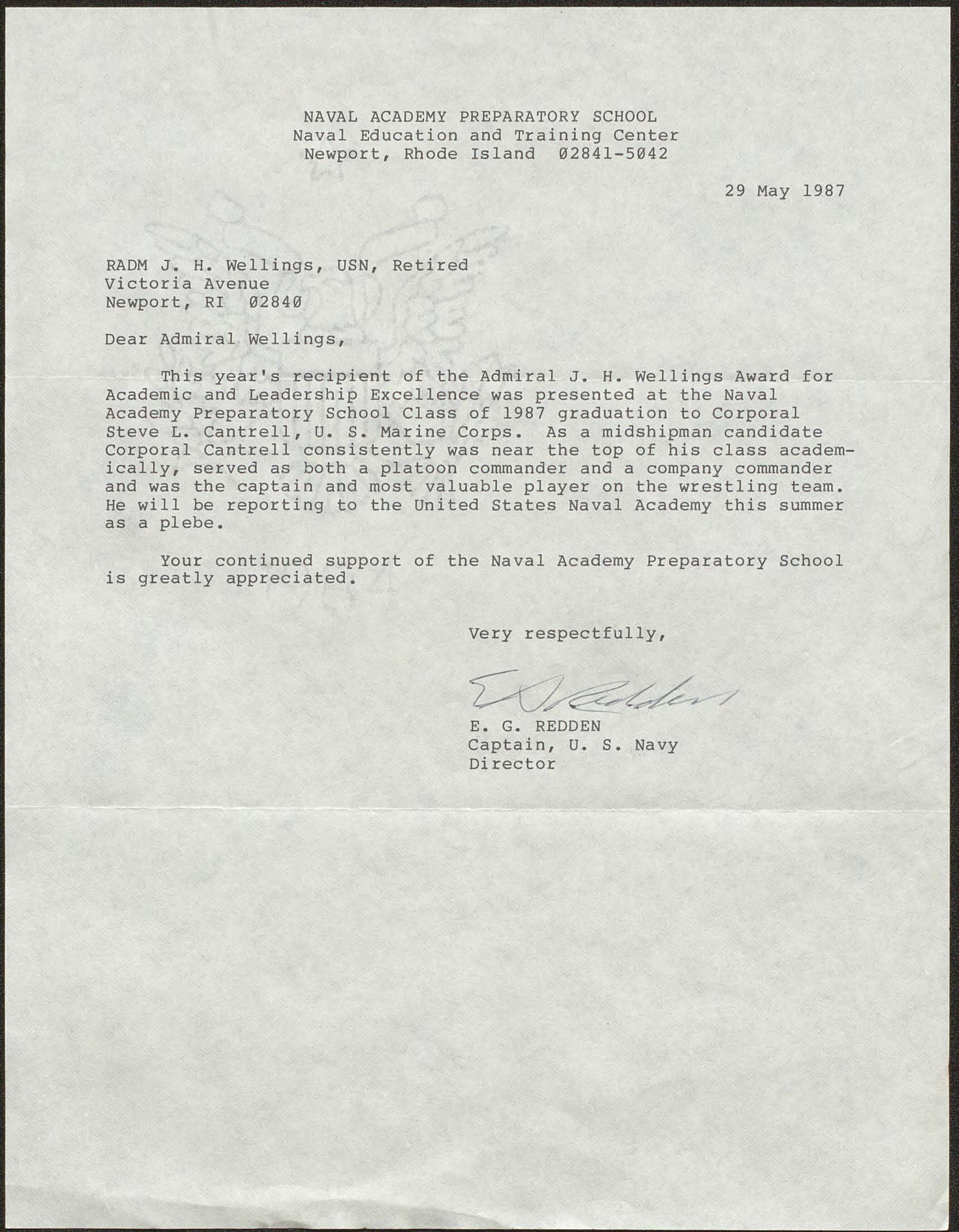 Letter from Captain E. G. Redden to RADM Joseph H. Wellings
