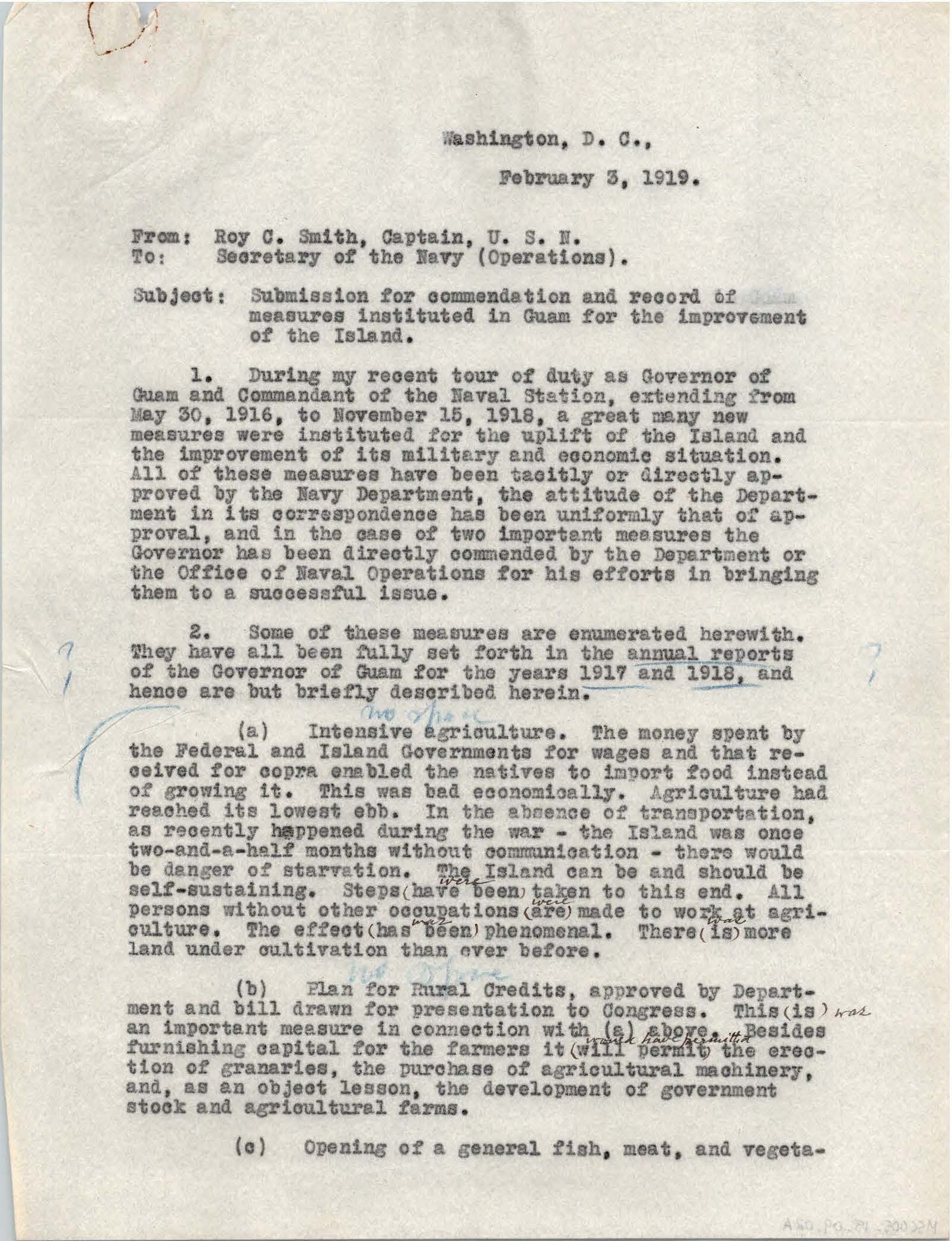 Letter from Roy Campbell Smith to the Secretary of the Navy