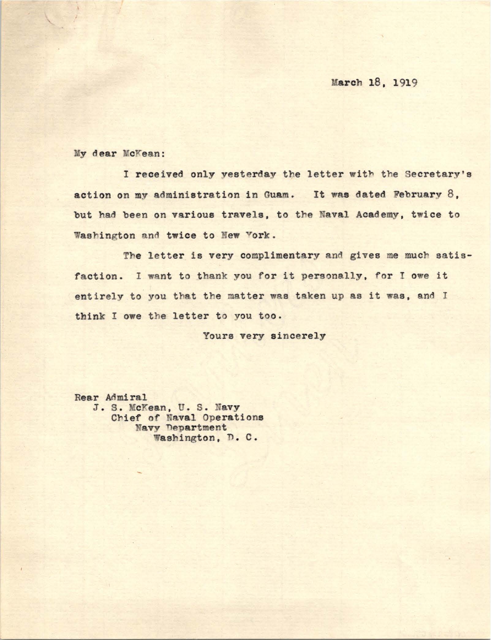 Letter from Roy Campbell Smith to J. S. McKean