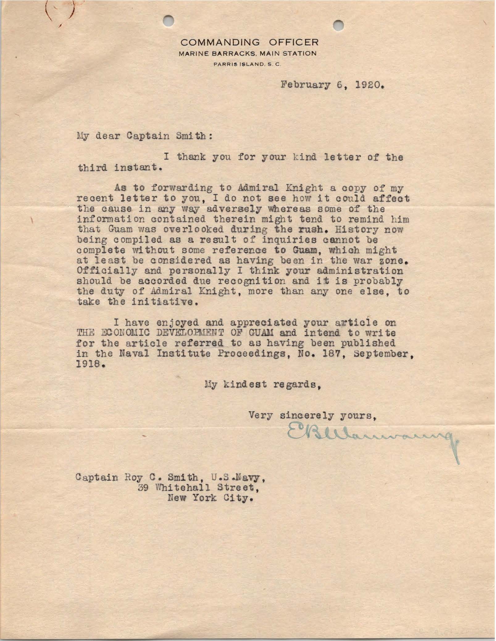 Letter from Edward B. Manwaring to Roy Campbell Smith