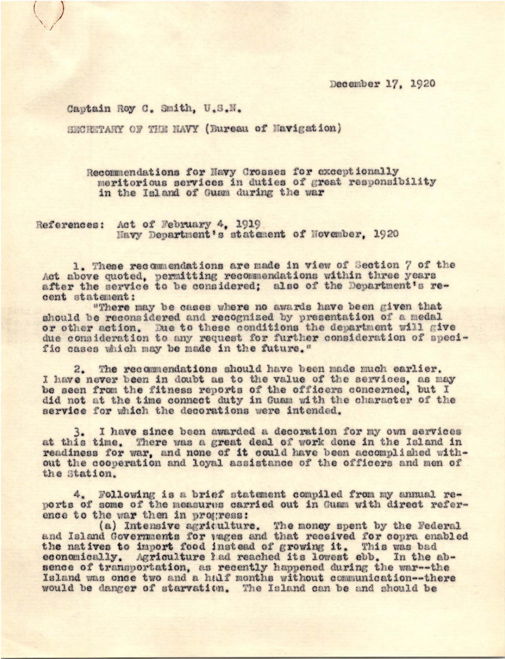 Letter from Roy Campbell Smith to Secretary of the Navy