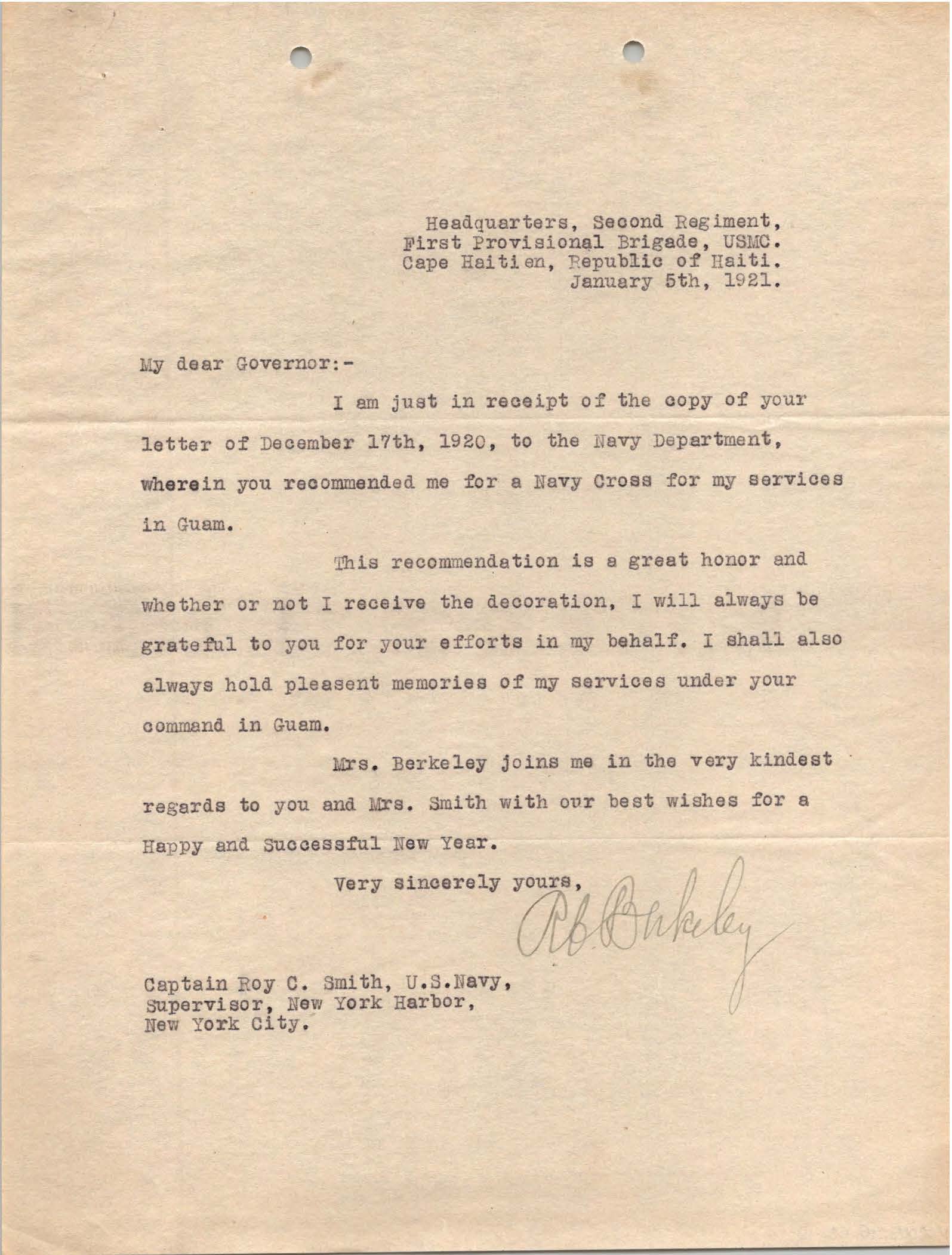 Letter from R. B. Berkeley to Roy Campbell Smith