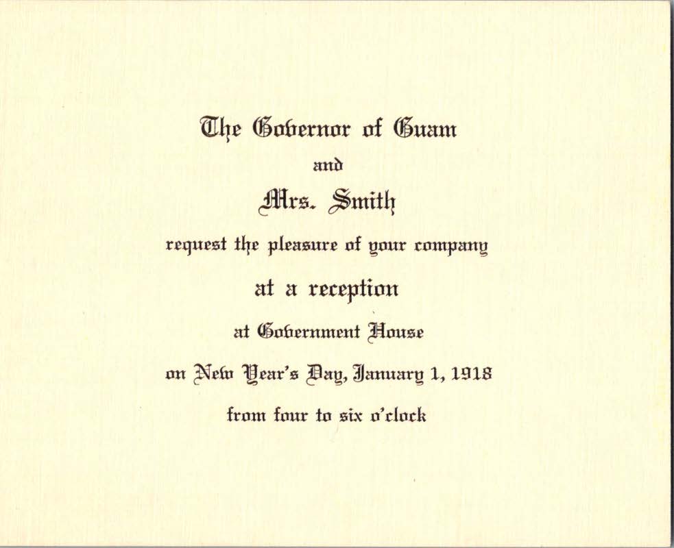 Invitation from the Governor of Guam [Roy Campbell Smith] and Mrs. Smith on New Year&#39;s Day