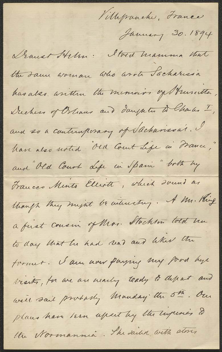 Letter to Helen E. Mahan from Alfred T. Mahan, 1894 Jan 30