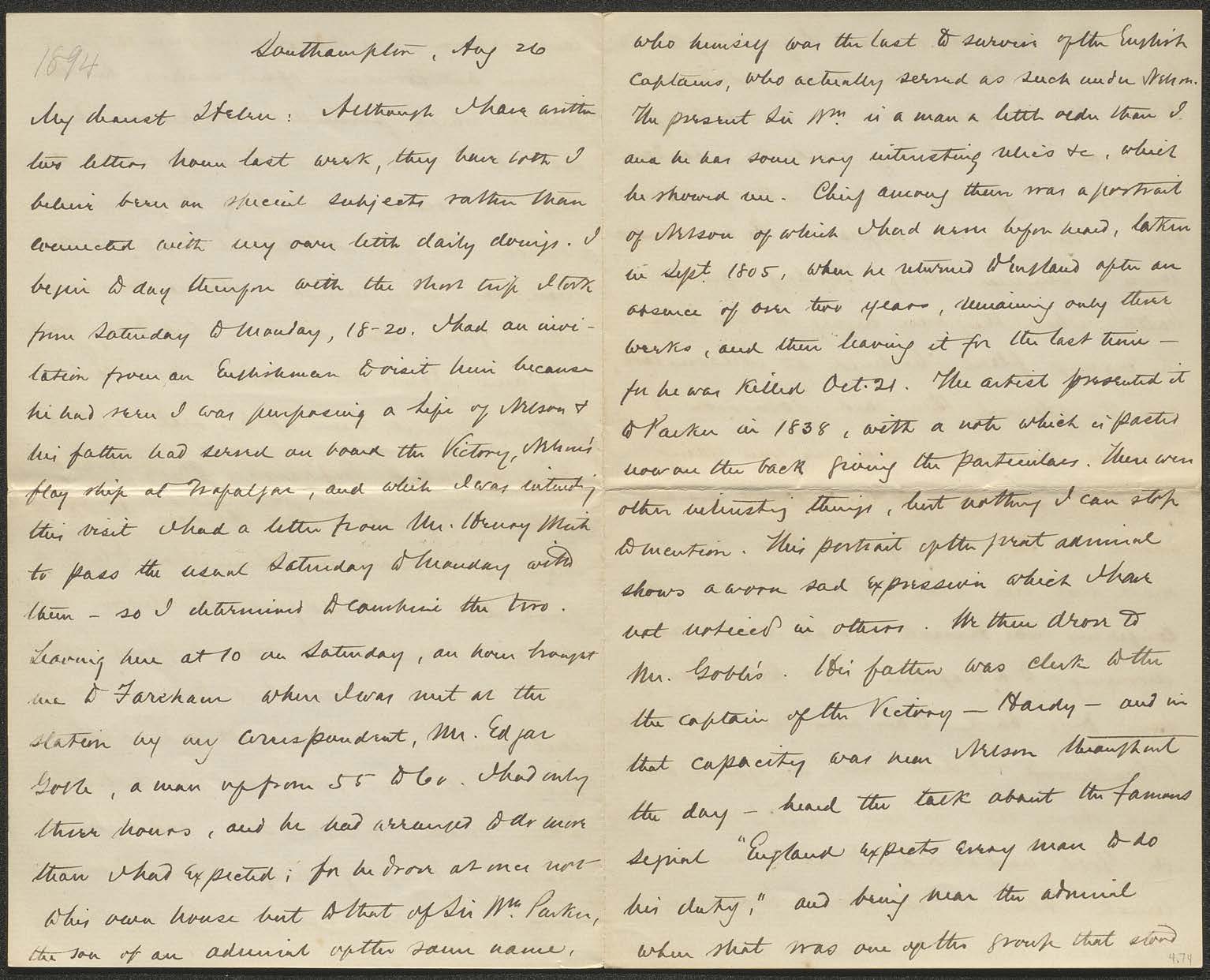 Letter to Helen E. Mahan from Alfred T. Mahan, 1894 Aug 26