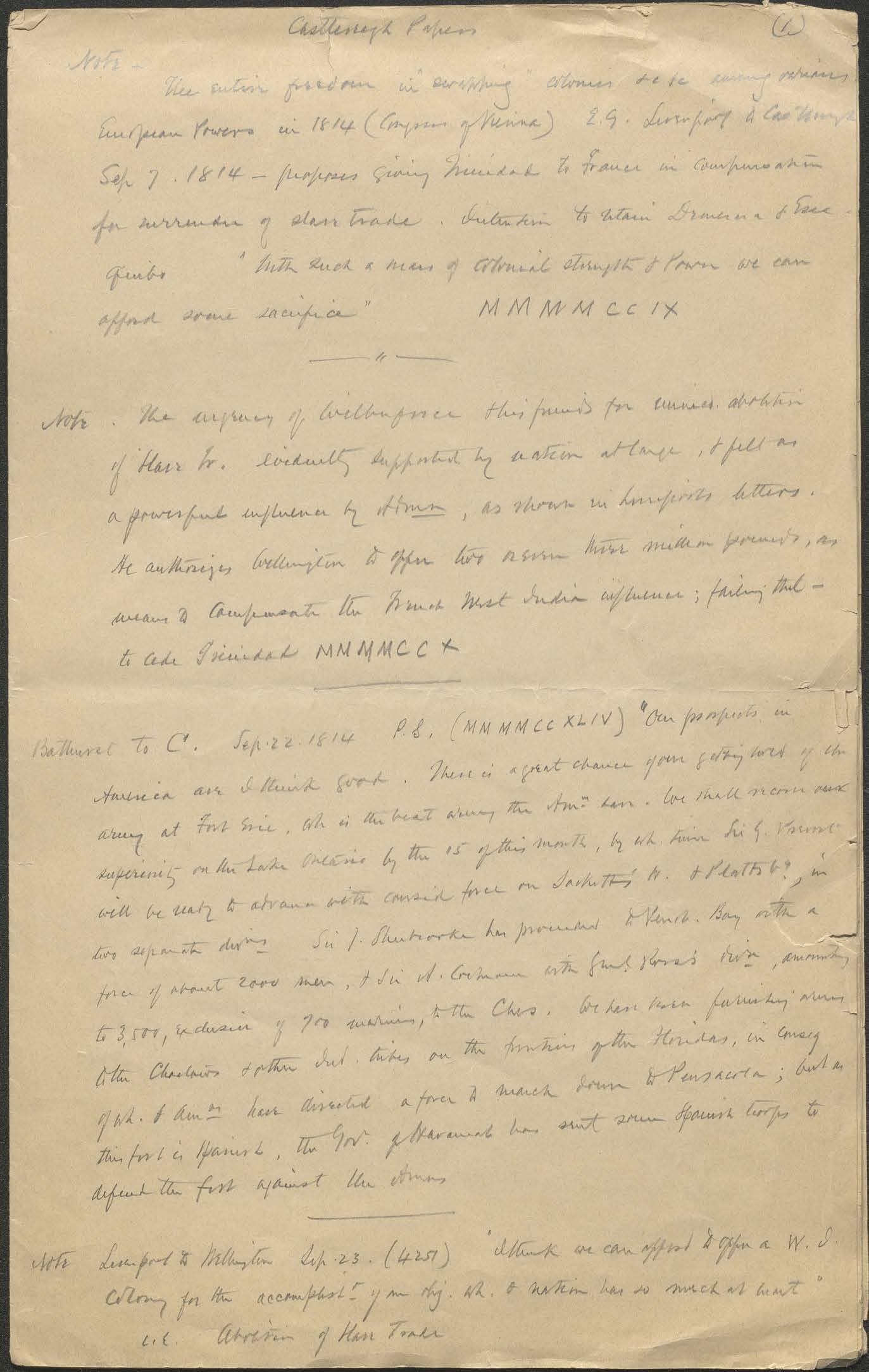 Mahan&#39;s research notes: Mahan&#39;s notations from copying Castlereagh papers from the British Museum