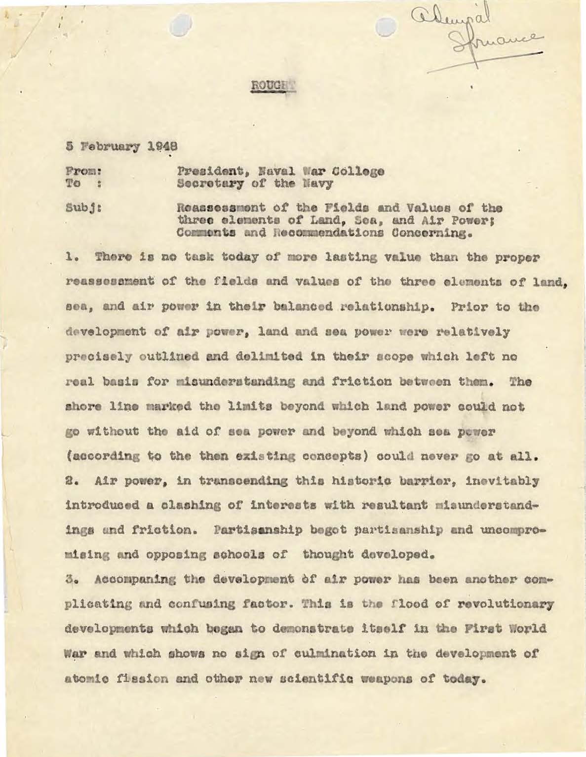 Letter from Raymond A. Spruance to Secretary of the Navy, John L. Sullivan
