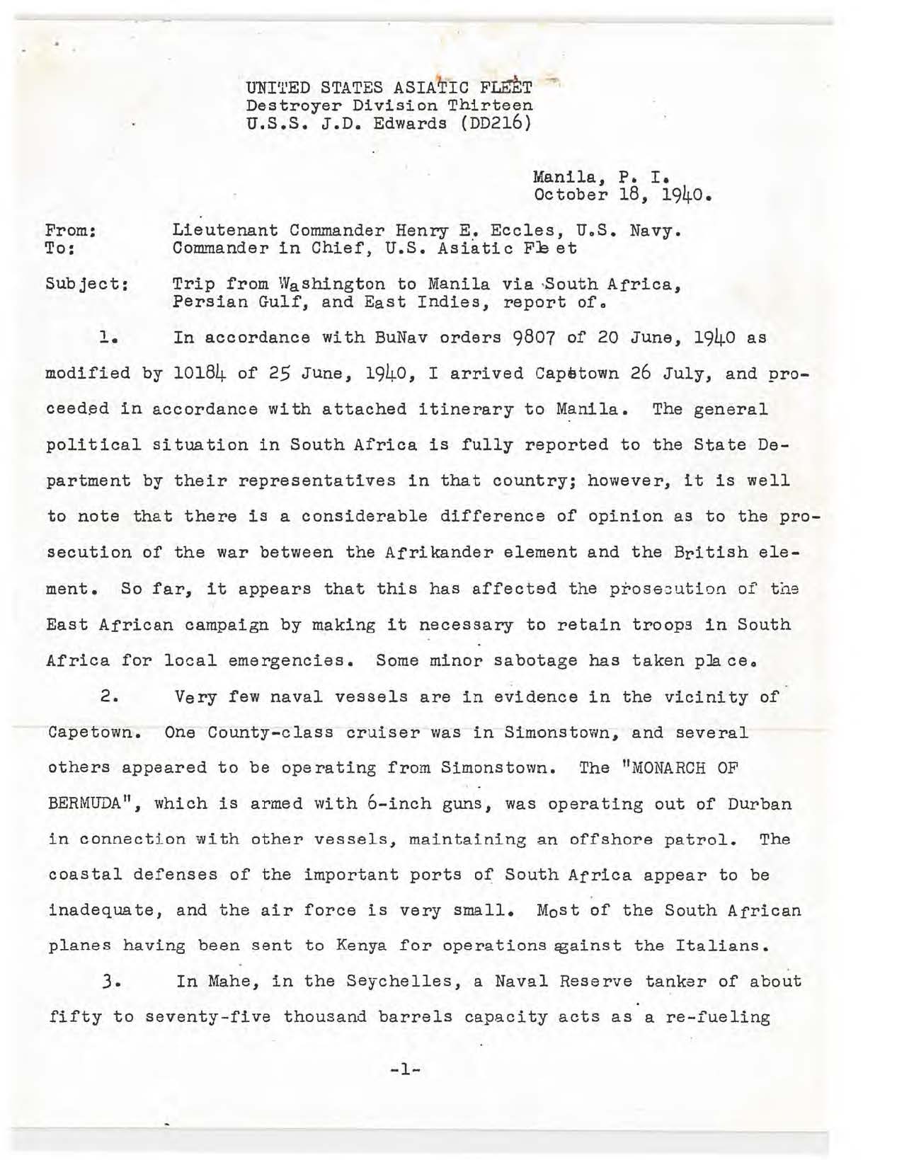 Memorandum from Henry E. Eccles to Commander in Chief, U.S. Asiatic Fleet