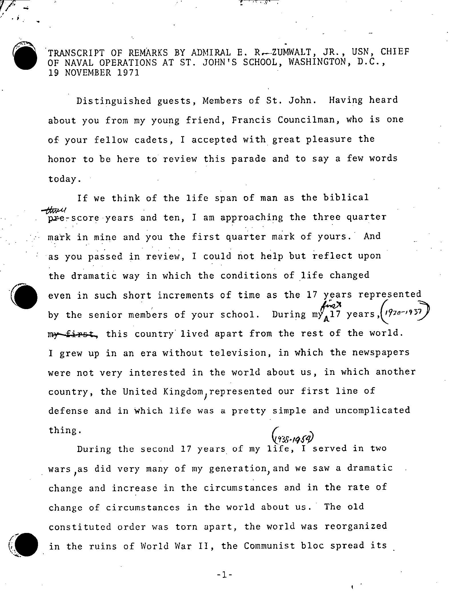 Transcript of Remarks by Admiral E. R. Zumwalt at St. John&#39;s School, Washington, D.C.