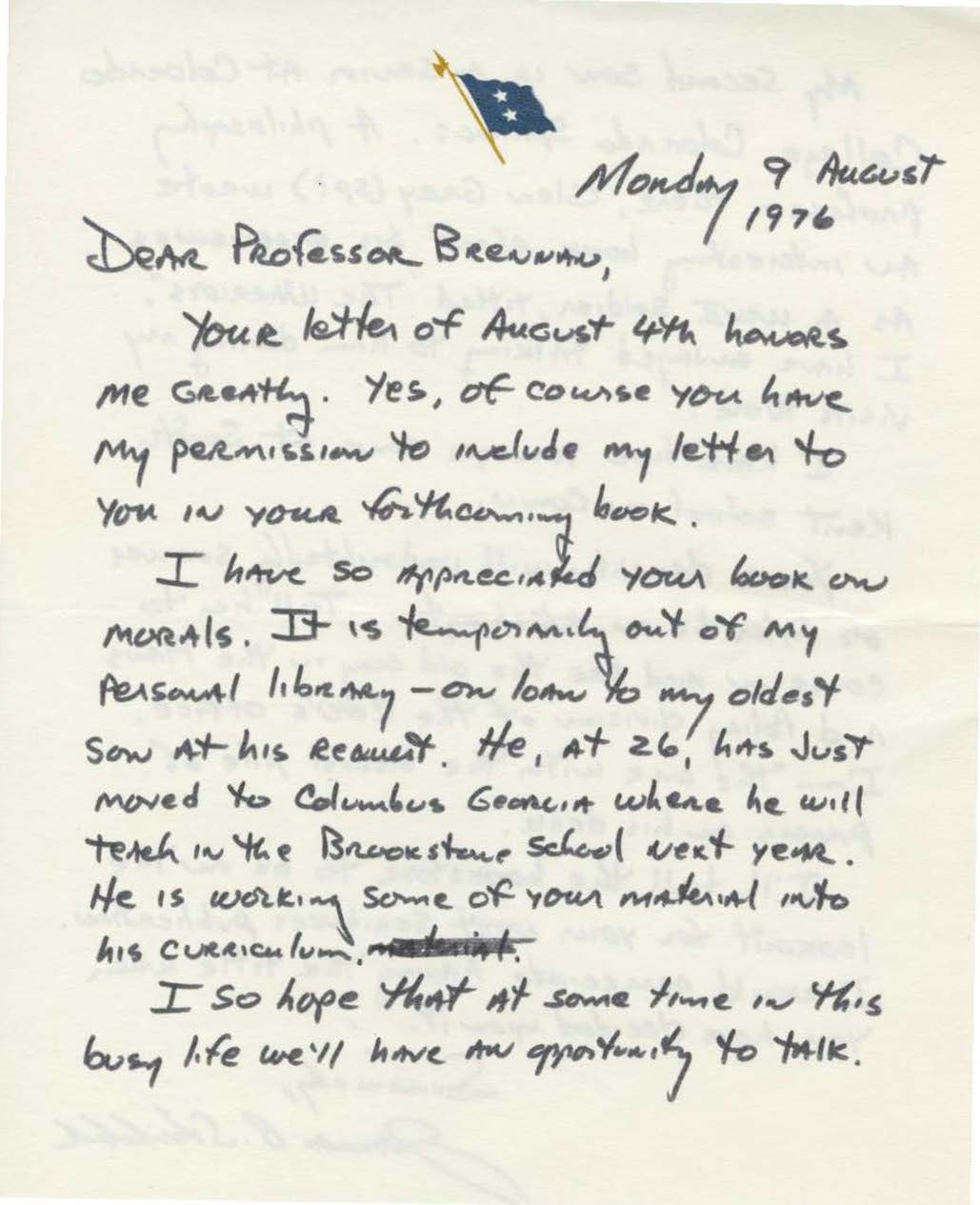 Letter to Joseph G. Brennan from James B. Stockdale