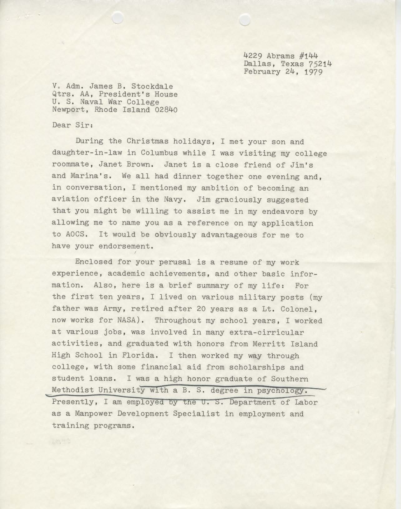 Letter from Nancy K. Clark to James B. Stockdale