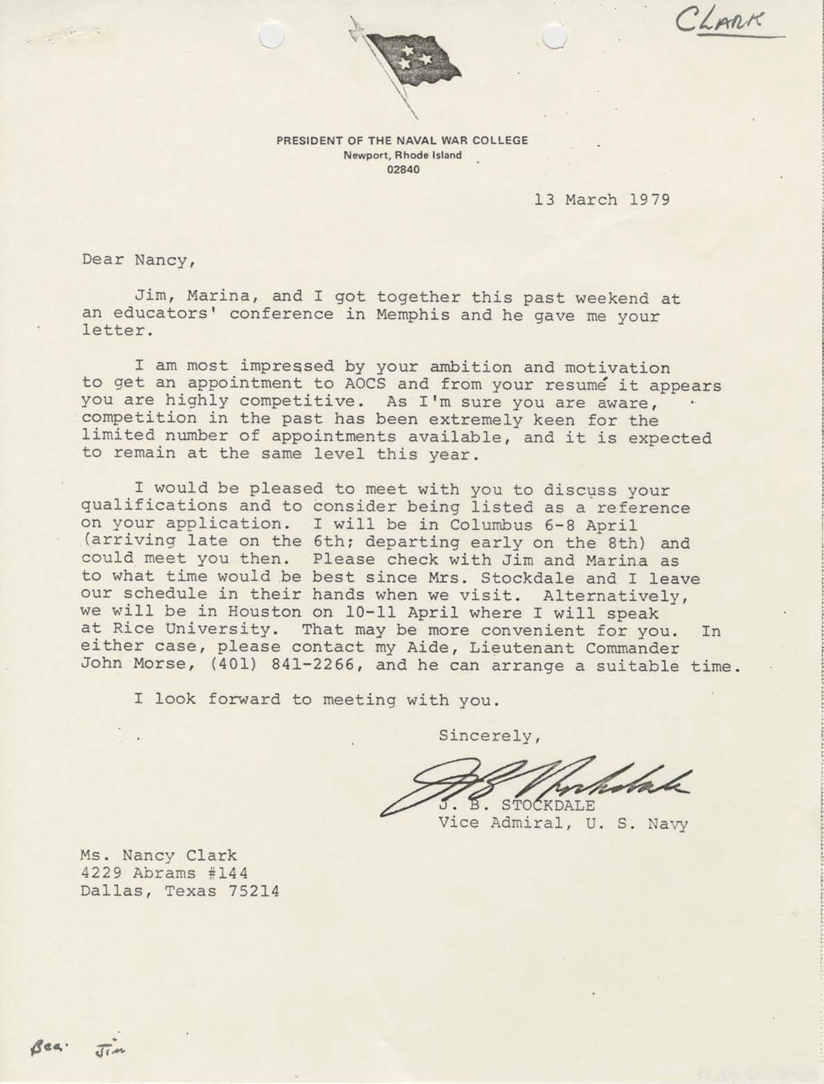 Letter from James B. Stockdale to Nancy K. Clark