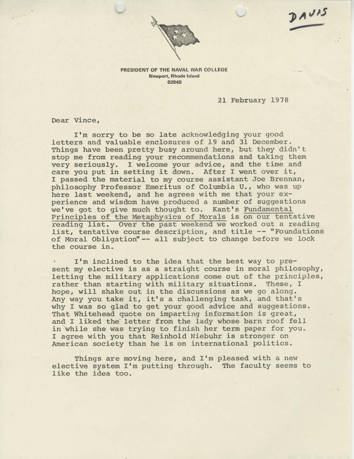 Letter from James B. Stockdale to Vincent Davis