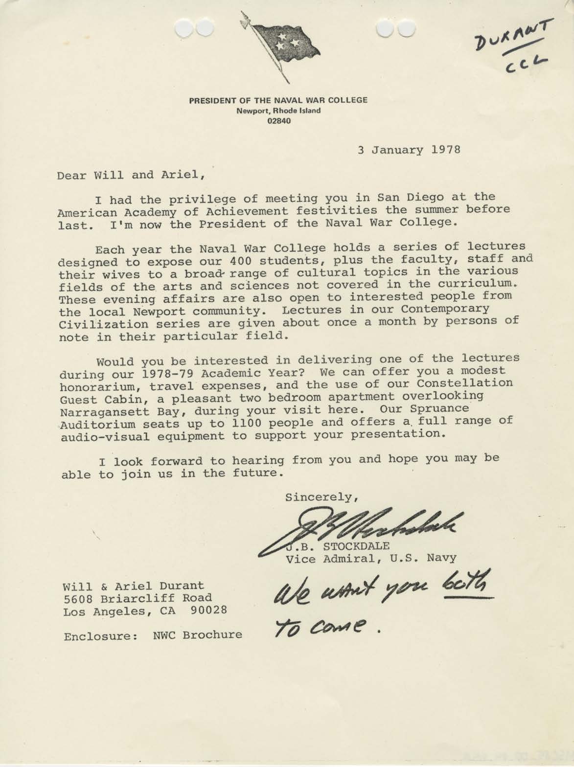 Letter from James B. Stockdale to Will and Ariel Durant