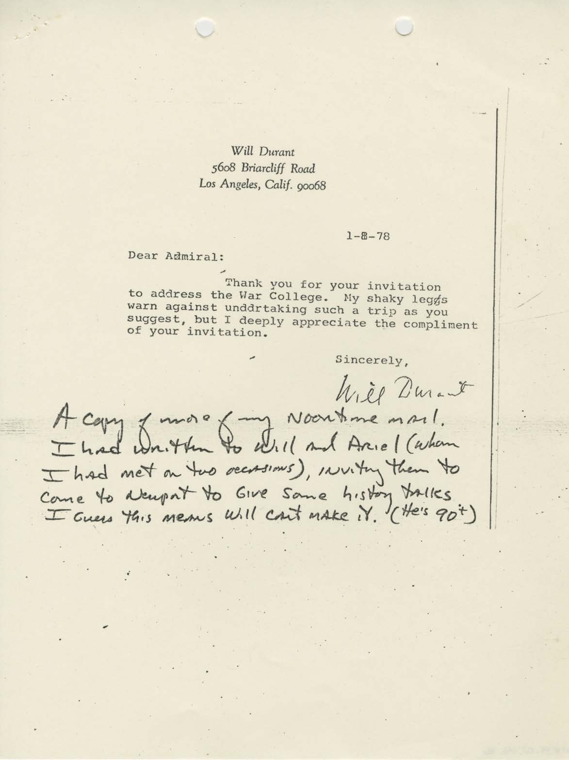 Letter from Will Durant to James B. Stockdale