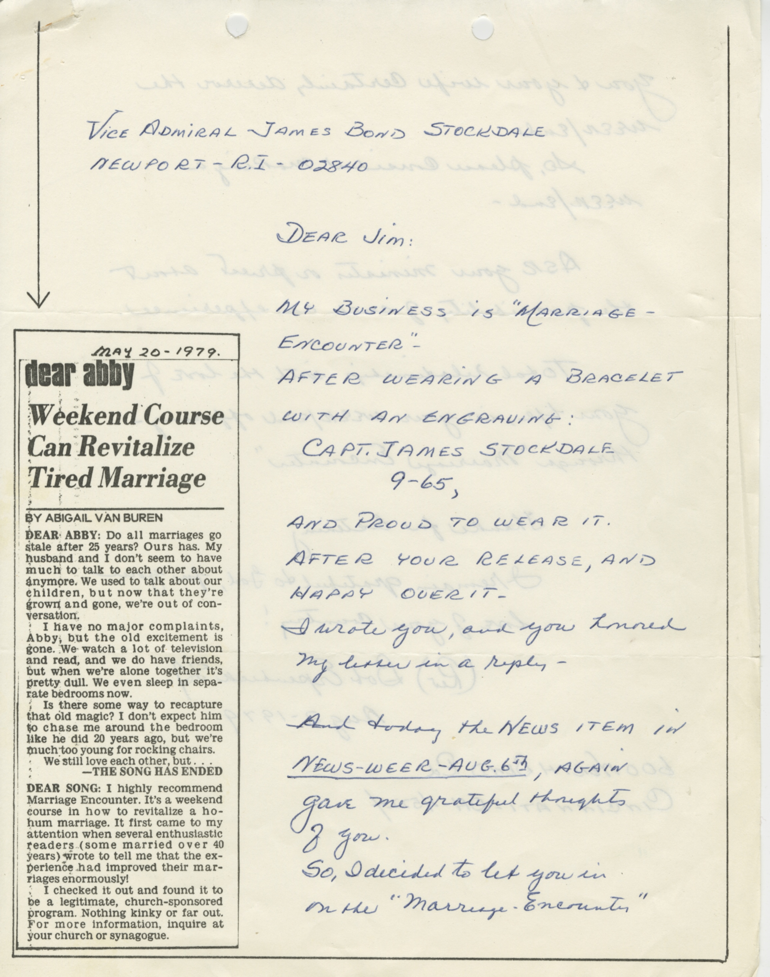 Letter from Rev. Bob Erpenbeck to James B. Stockdale