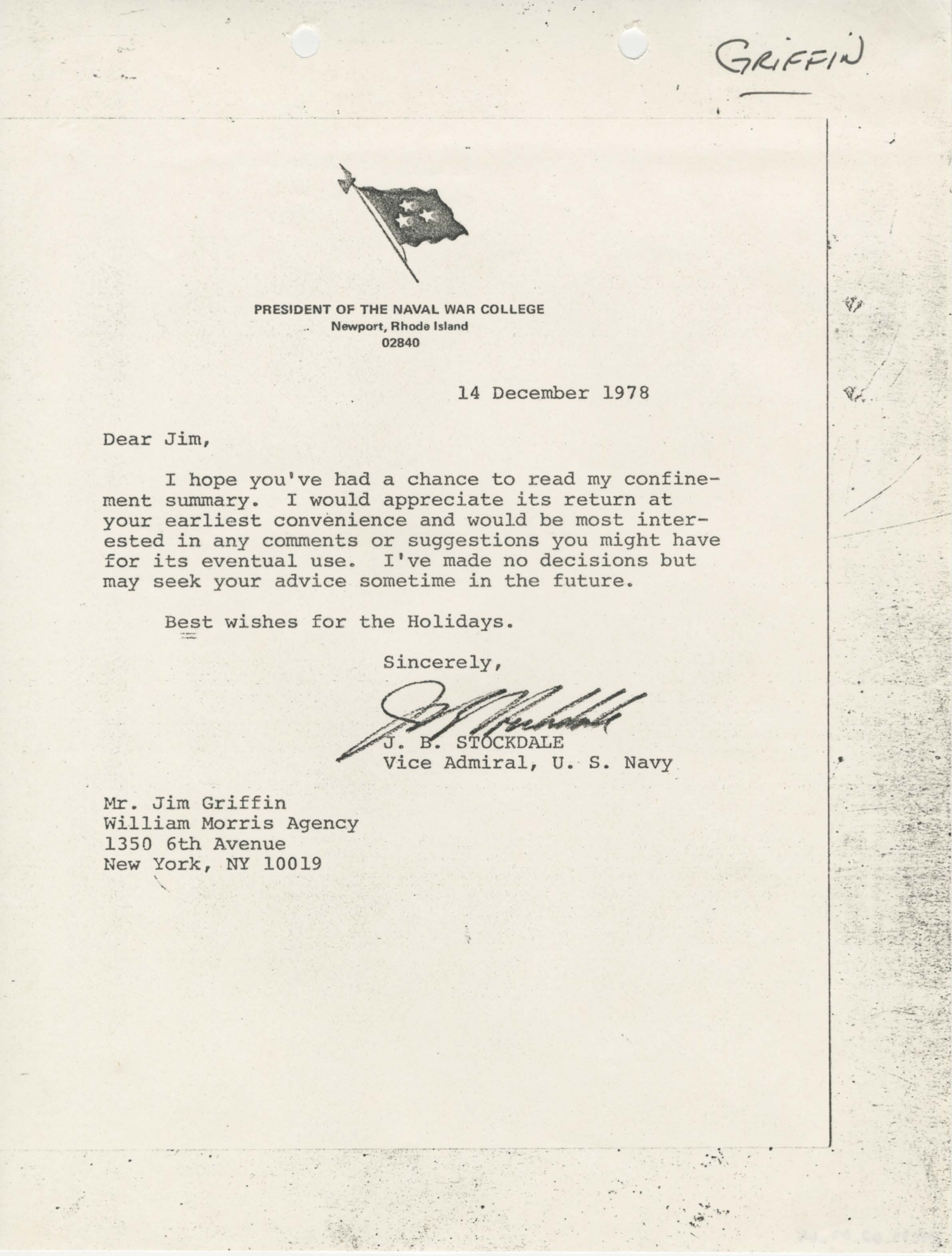 Letter from James B. Stockdale to James M. Griffin