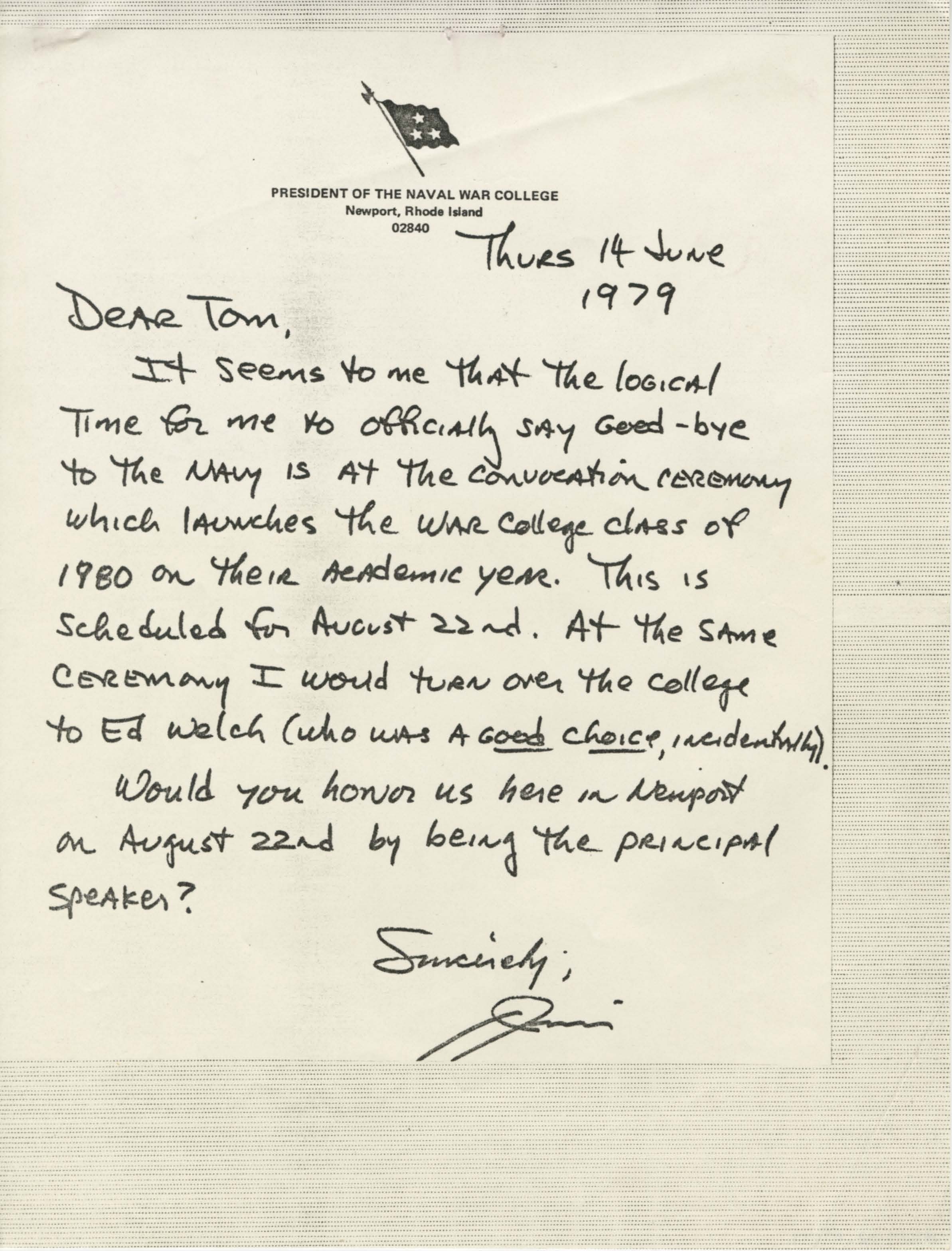 Letter from James B. Stockdale to Thomas B. Hayward