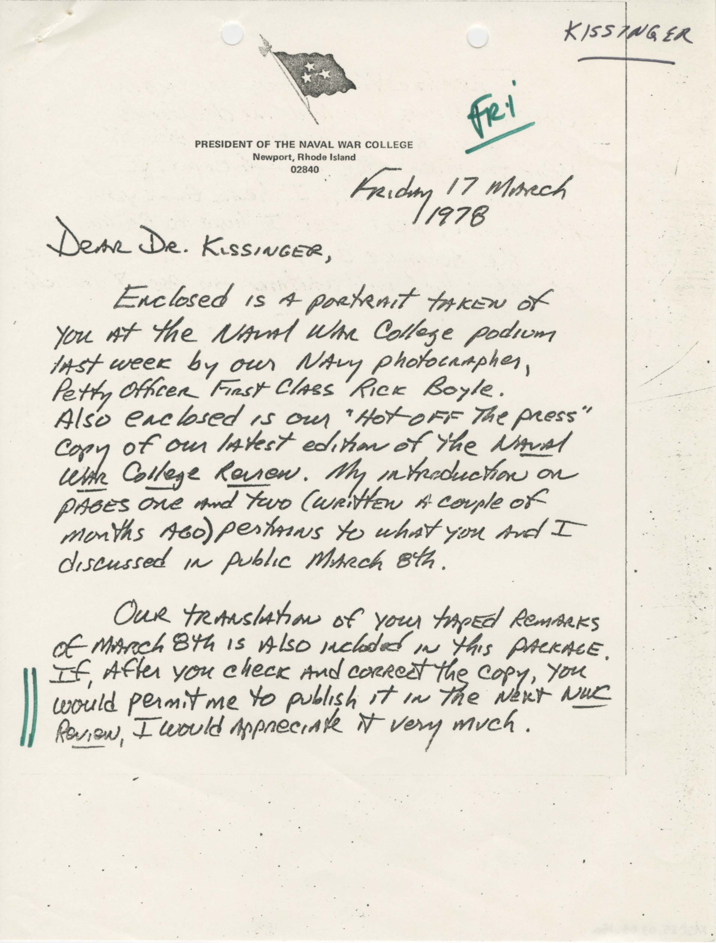 Letter from James B. Stockdale to Henry Kissinger
