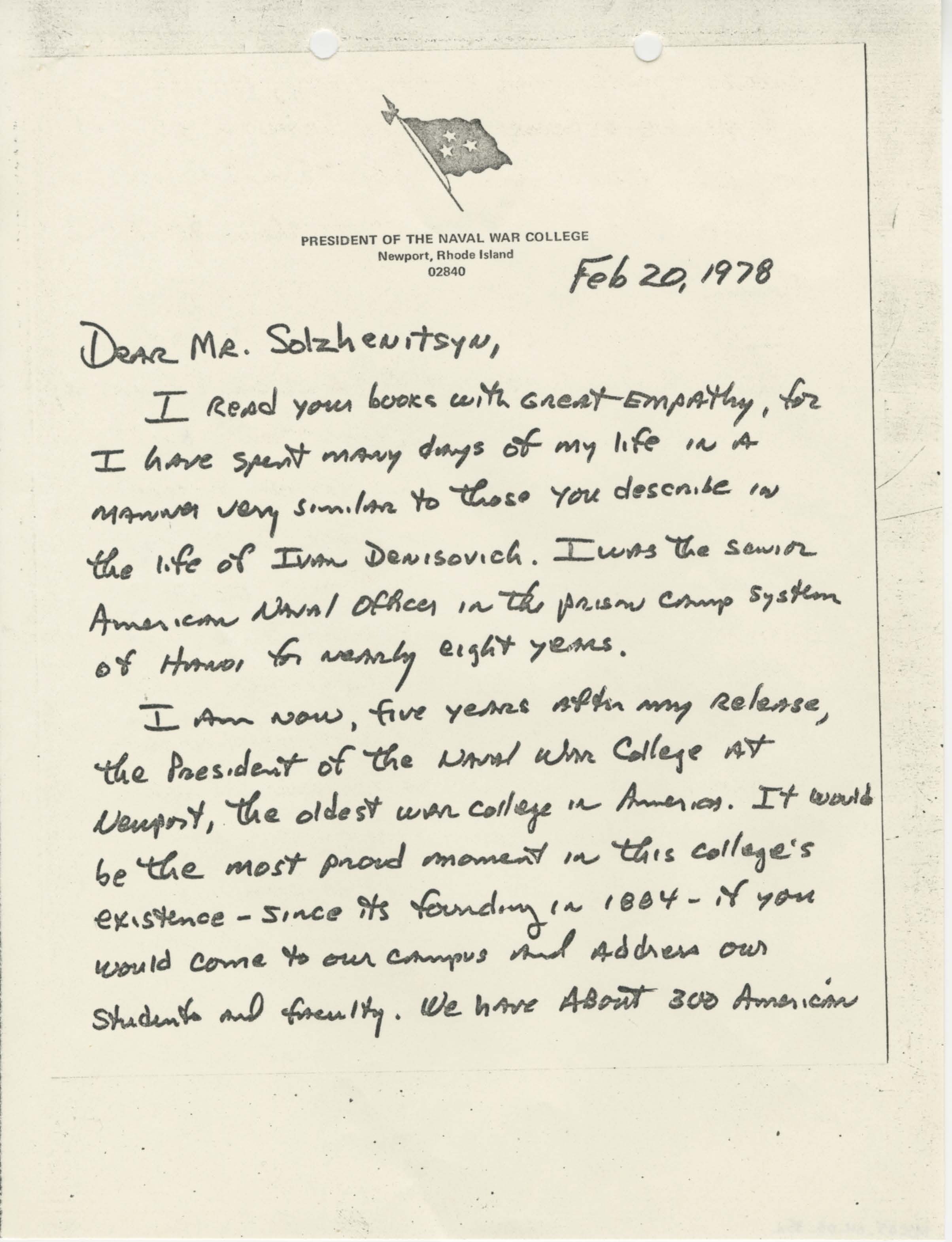 Letter from James B. Stockdale to Aleksandr Solzhenitsyn