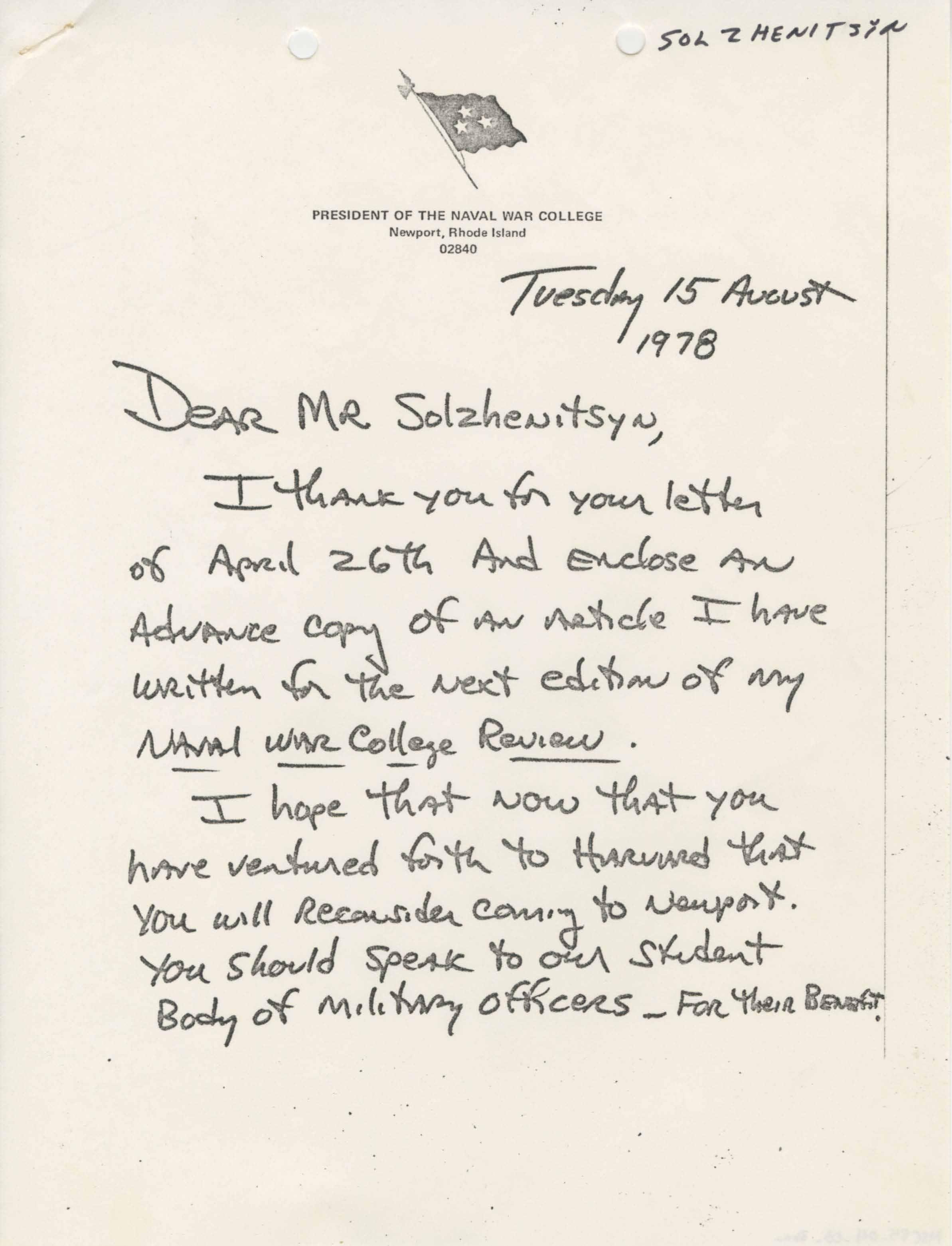 Letter from James B. Stockdale to Aleksandr Solzhenitsyn