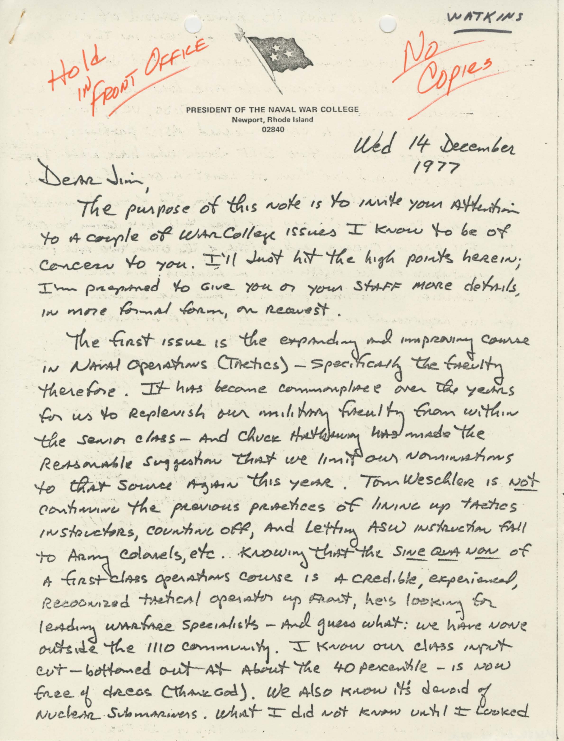 Letter from James B. Stockdale to Jim Watkins