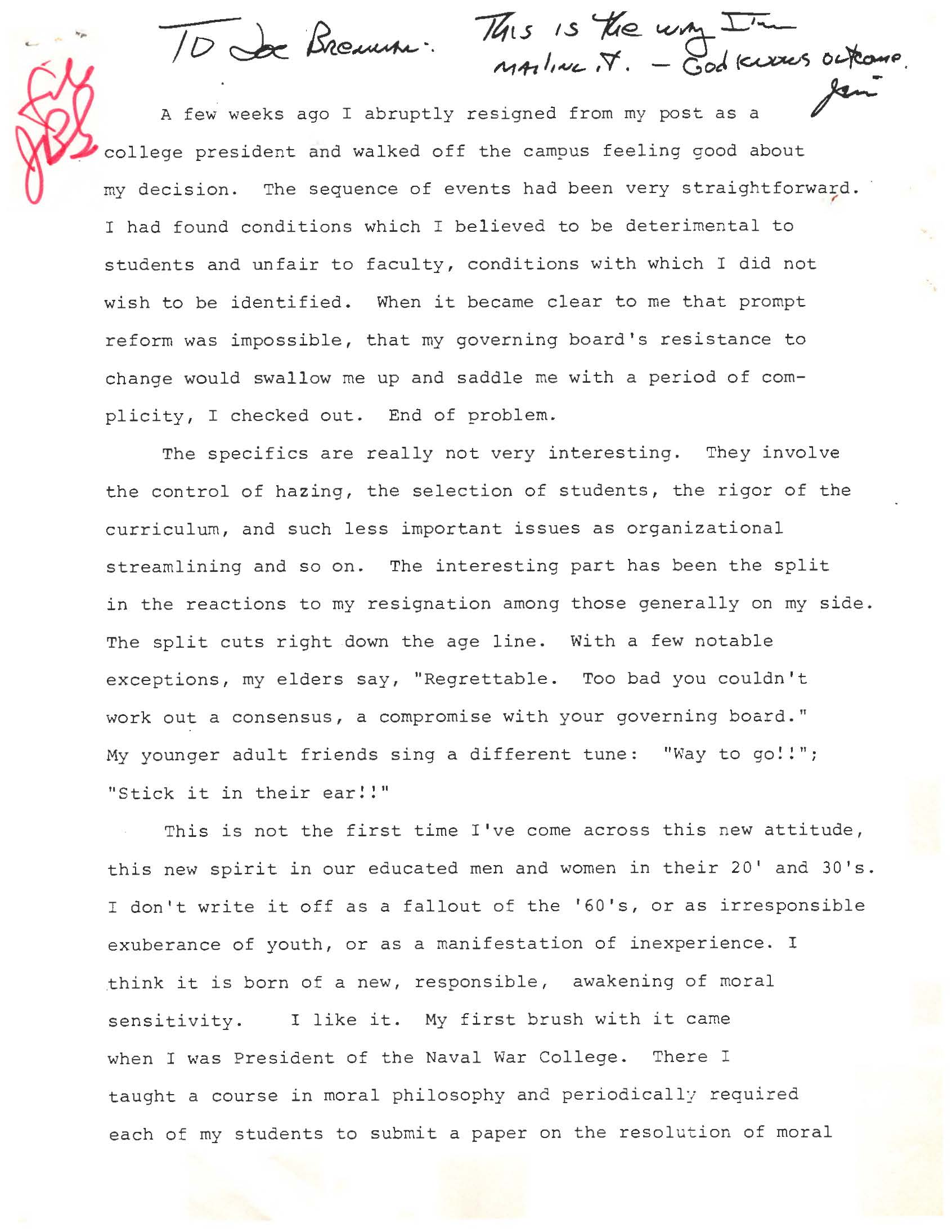 Draft of editorial by James B. Stockdale