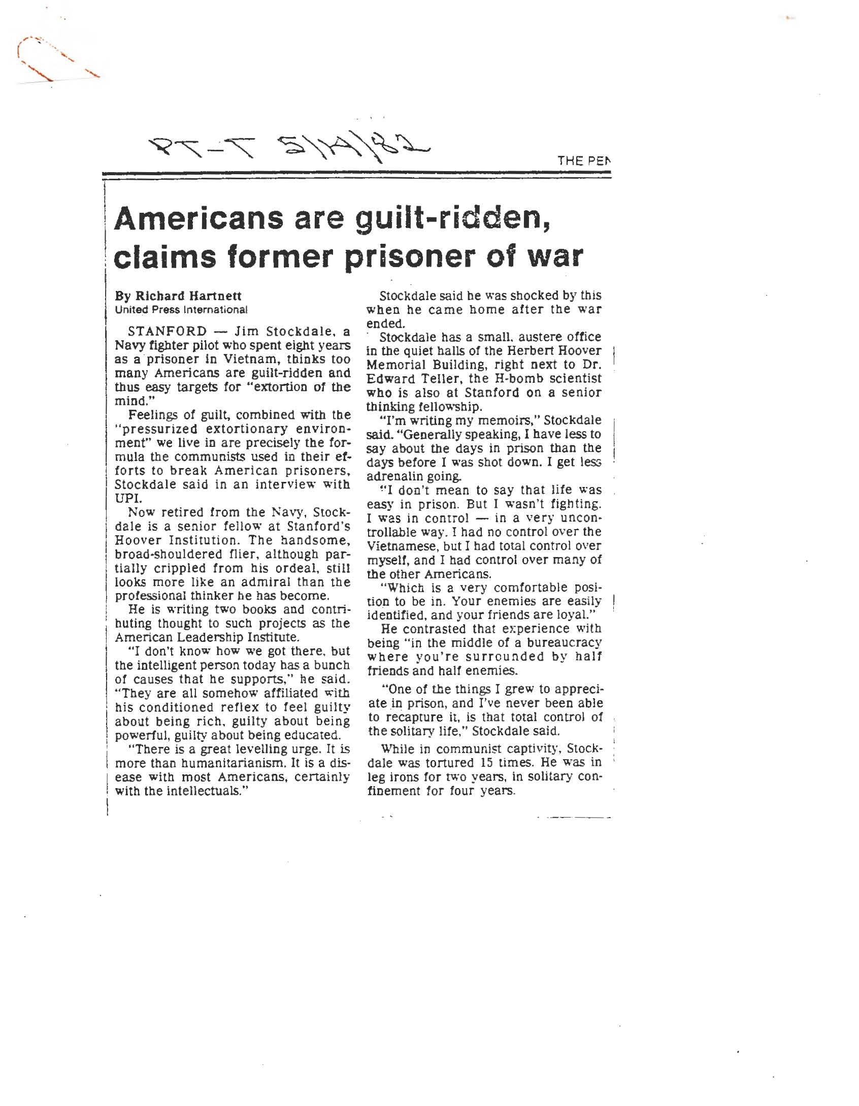&quot;Americans are guilt-ridden, claims former prisoner of war,&quot; by Richard Hartnett
