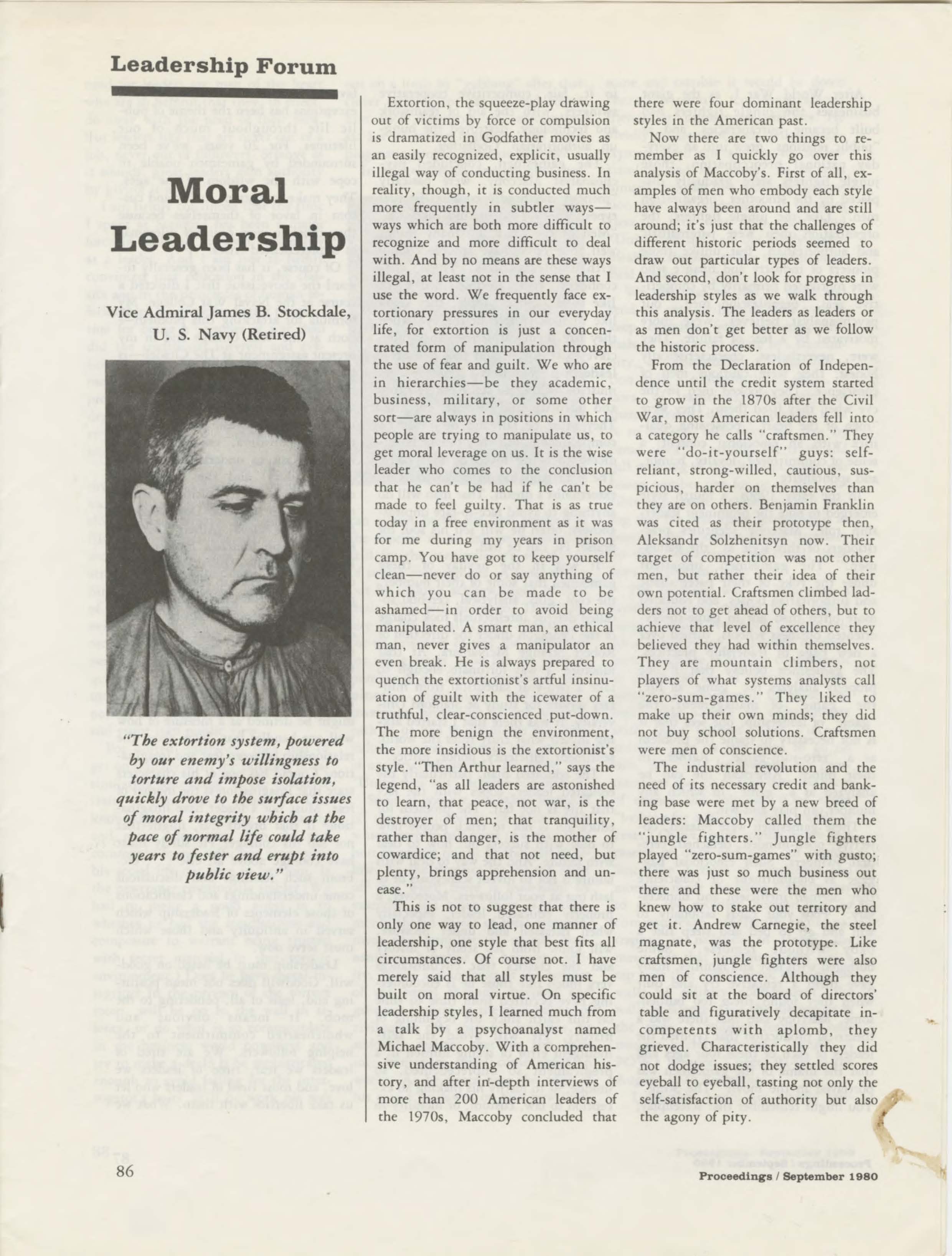 &quot;Moral Leadership,&quot; by James B. Stockdale